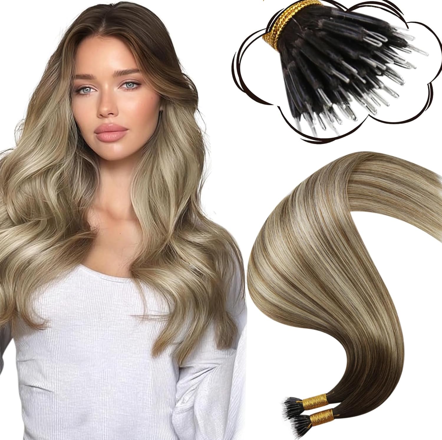 Moresoo Nano Hair Extensions Real Human Hair 16 Inch 50g/Pack Ash Blonde Highlight Nano Beads Hair Extensions Human Hair 1g/s Remy Straight Hair #P18/613 — view 20