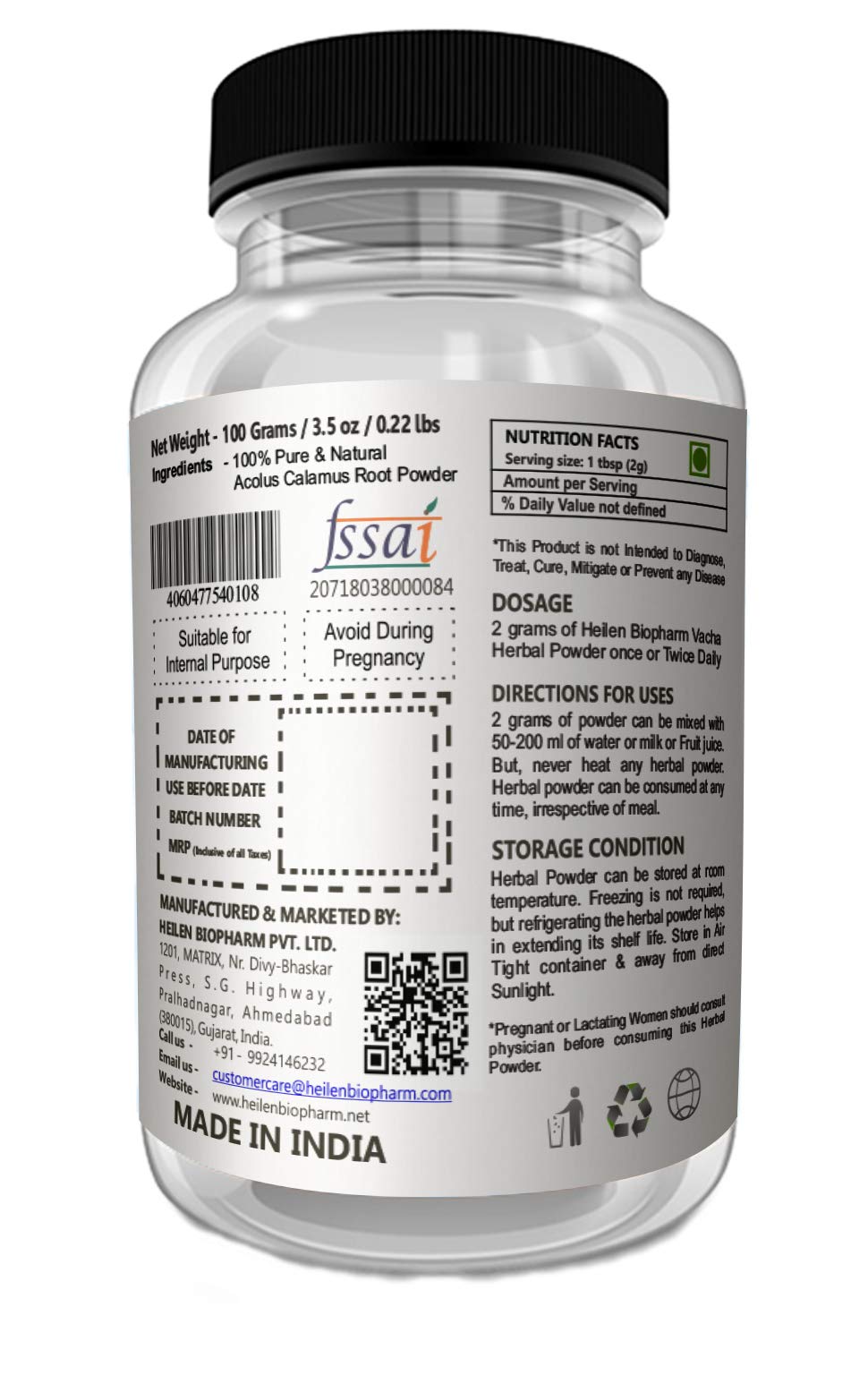 Heilen Biopharm Premium Vacha Powder (Sweet Flag/Acorus Calamus/Bach Powder) For Health Betterment - 100 g Pack of 1 - Image 2 thumbnail