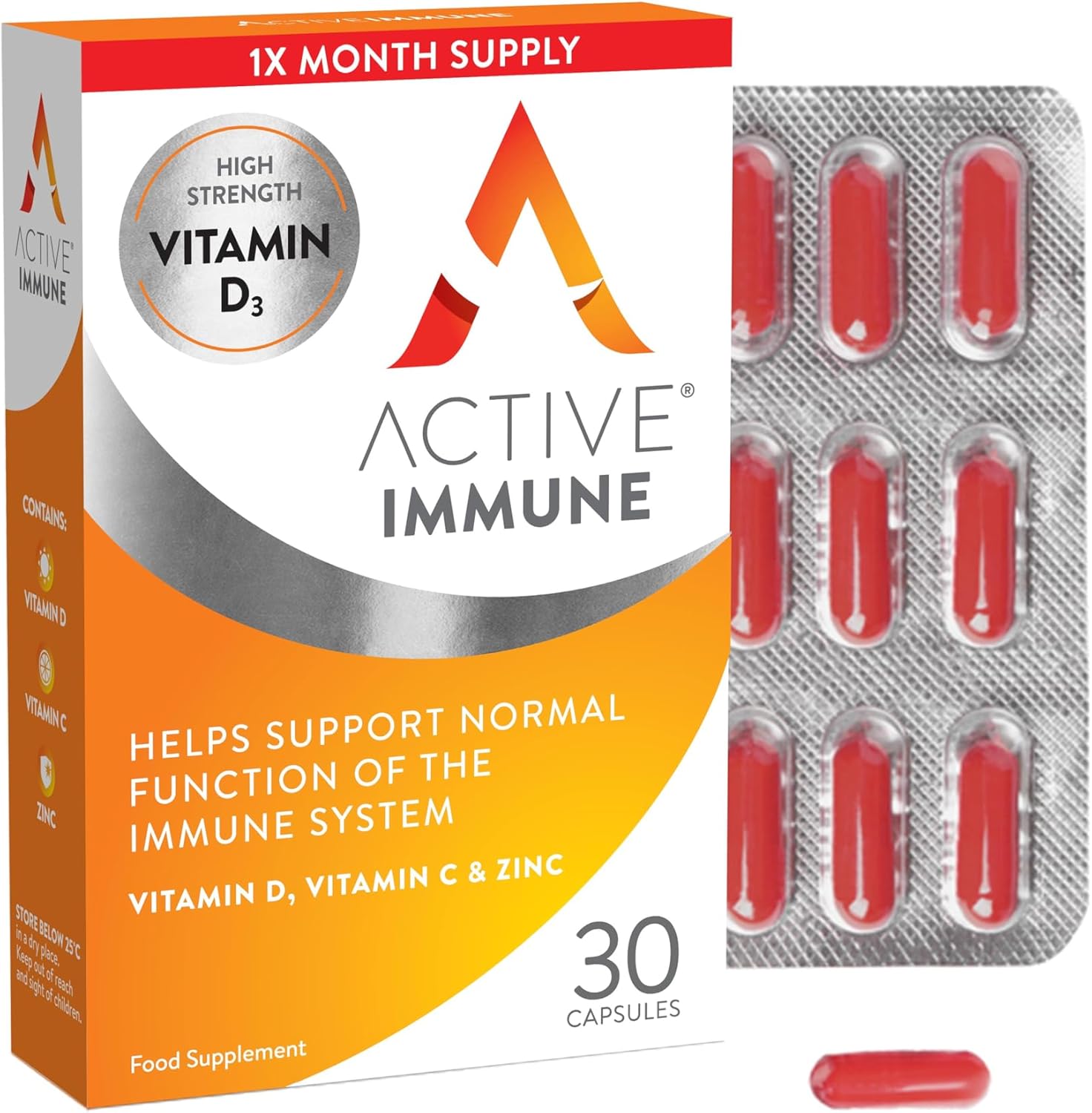 Active Immune Supplement, Vitamin D3, C & Zinc, Vegan, Multivitamin with Zinc 30 Capsules, 1 Month Supply