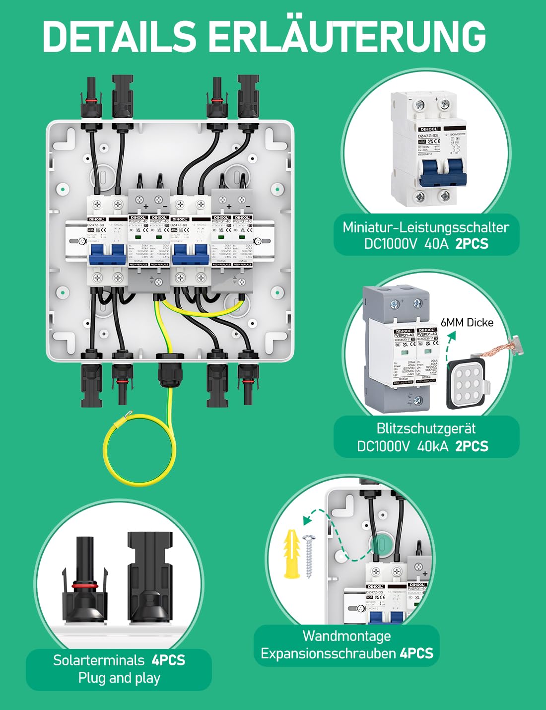 DIHOOL DC überspannungsschutz PV Anlage 2 Strings Solar Anschlusskasten für 2 * 600W Solarmodule Balkonkraftwerk, DC Trennschalter 40A 1000V