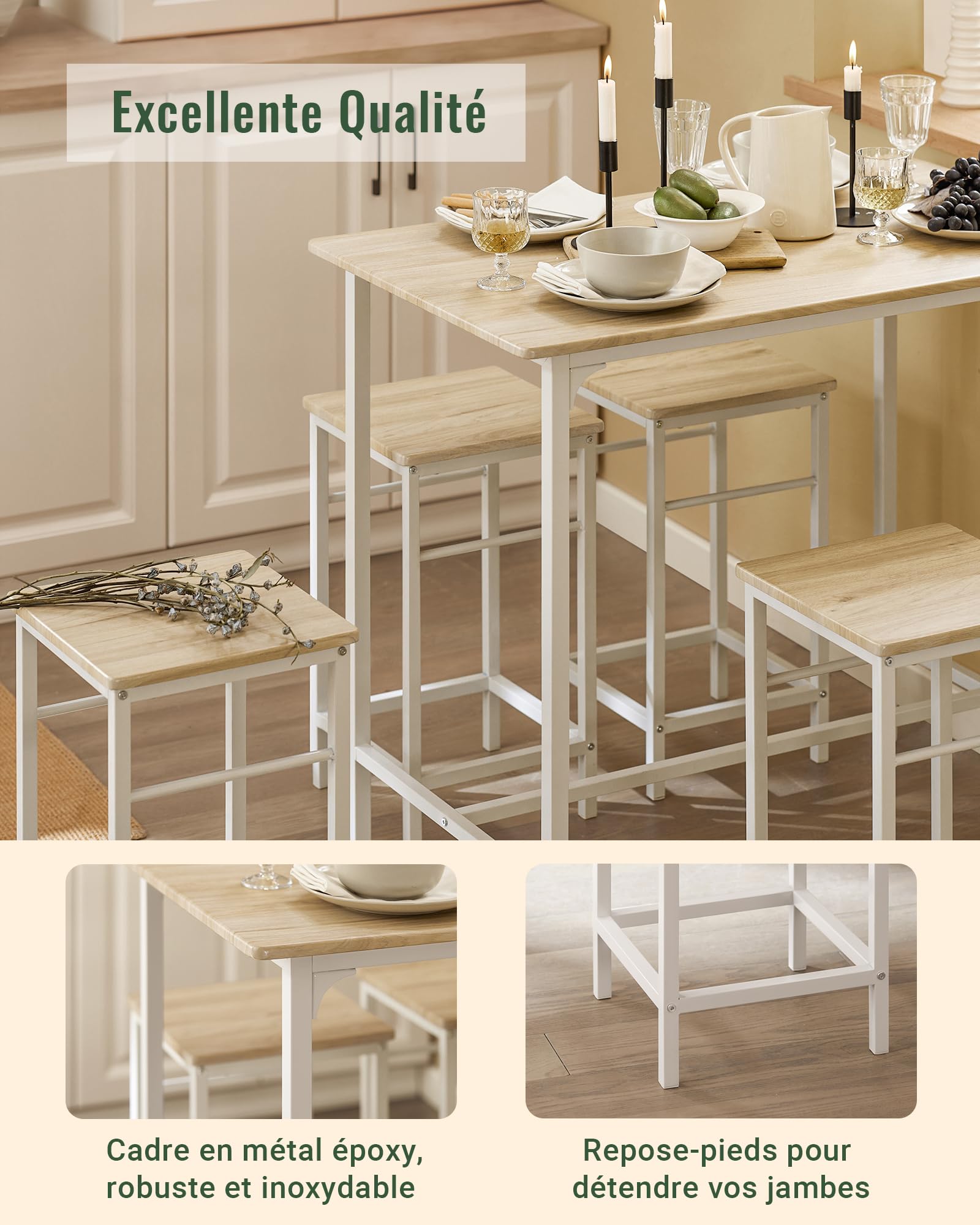 SoBuy Set de 1 Table + 4 Tabourets, Ensemble Table de Bar Bistrot + 4 Tabourets avec Repose-Pieds, Table Haute, Mange-Debout pour Salle à Manger, Cuisine, Salon, Balcon, Blanc+Naturel, OGT11-WN
