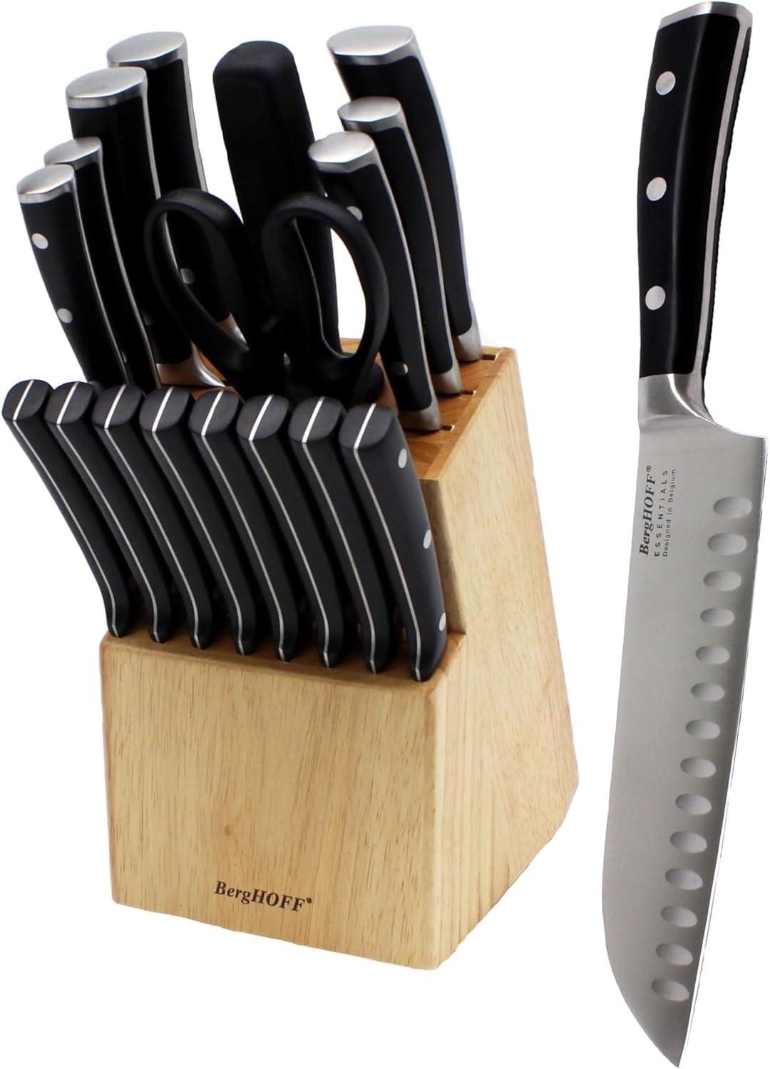 BergHOFF Essentials 16Pc Hand-sharpened Kitchen Knife Set & Wood Dowel Block Triple Rivets Non-Slip Base Ergonomically Designed Handle Satin finish