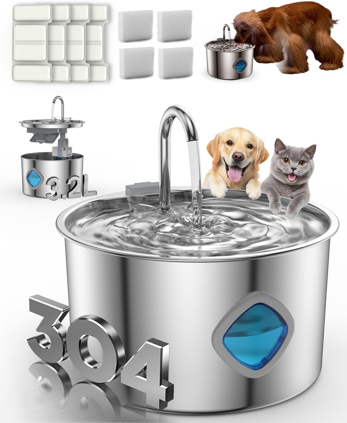 Dog Water Bowl - 3.2L Stainless Steel Dog Water Fountain, Multi-Filtration and Steady Water Circulation, Easy to Clean, Pet Water Fountain with Ultra-Quiet Pump for Dogs Cats (1Set, 4+4 Filter)