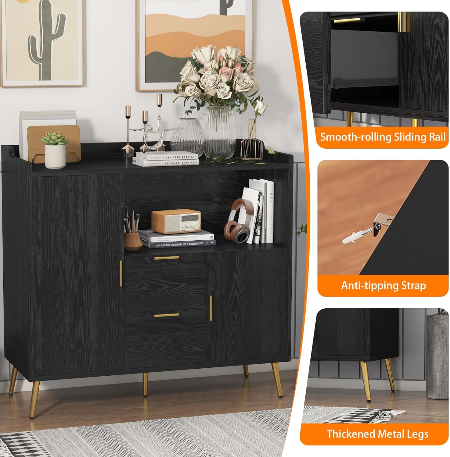 Large Kitchen Storage Cabinet with 2 Drawers and 2 Doors,Wood Farmhouse Buffet Sideboard for Kitchen Living Room,Wood Coffee Bar