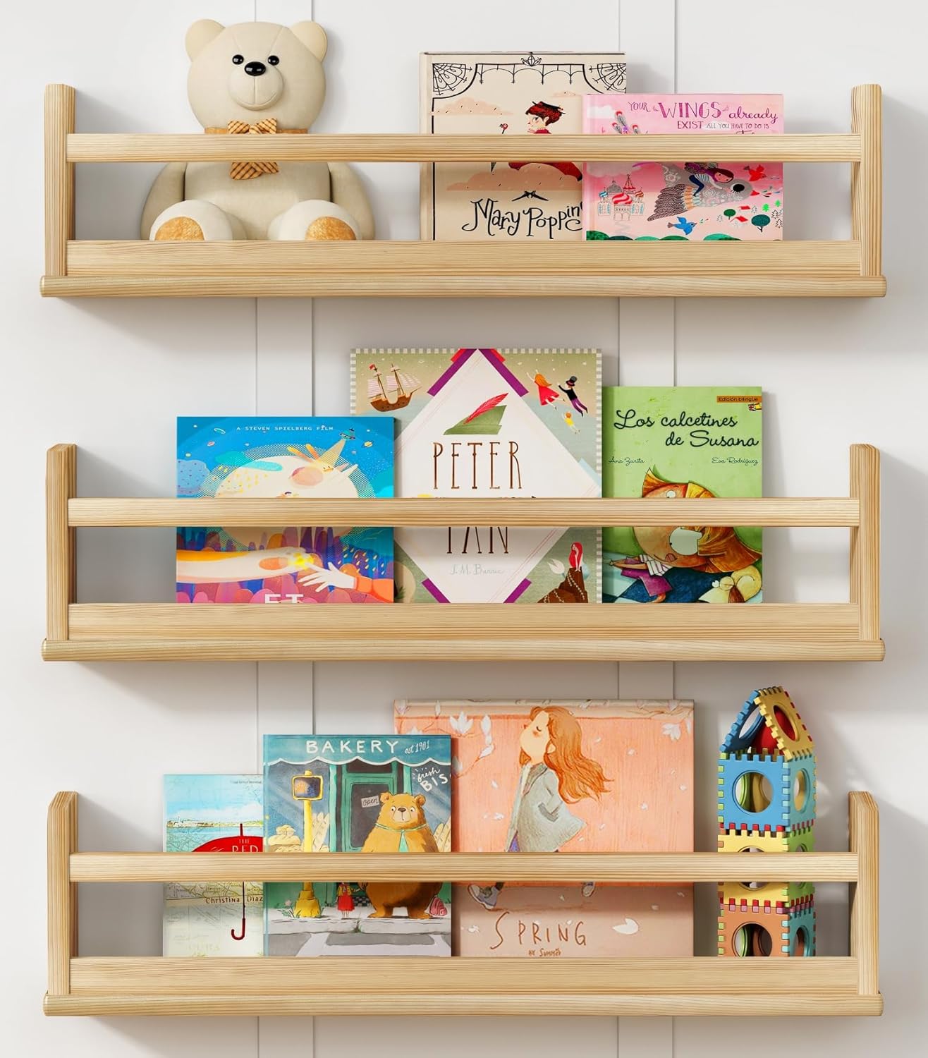 Natural Wood Wall Bookshelf for Kids Bedroom Set of 3, 24 Inch Wooden Floating Nursery Book Shelves for Baby Boy Girl Room, Wall Mounted Toddler Book Shelf for Toy Organizers and Storage