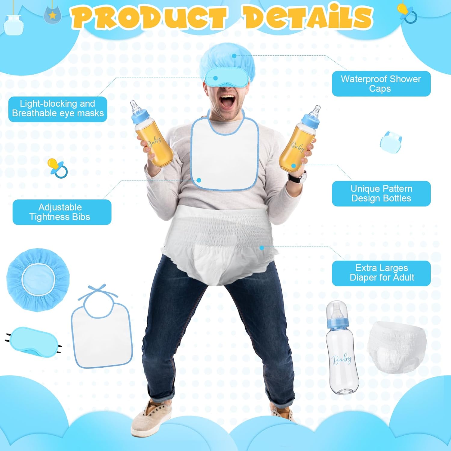 6 Sets Bottle Chug Baby Shower Blind Games Juegos Para Include Plastic Bottles Bibs Hat Eye Mask Disposable Diapers Blindfolded Baby Shower Bottle Games Gender Reveal Decoration (Blue)
