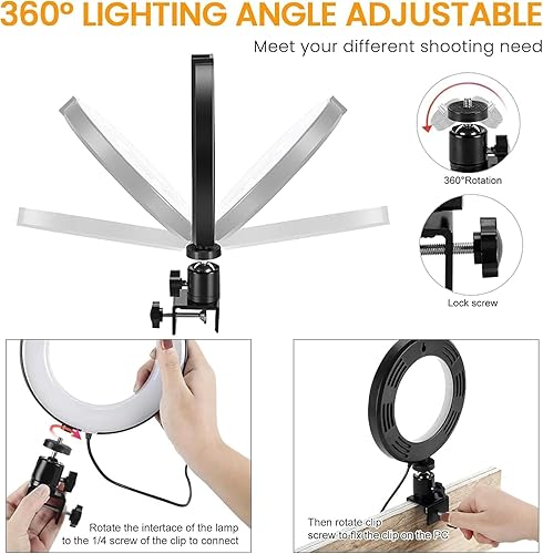 Miniatura 4 de Kit de iluminación para videoconferencia, luz de anillo con clip para monitor de portátil, luz LED regulable de 15 cm para selfies, ideal