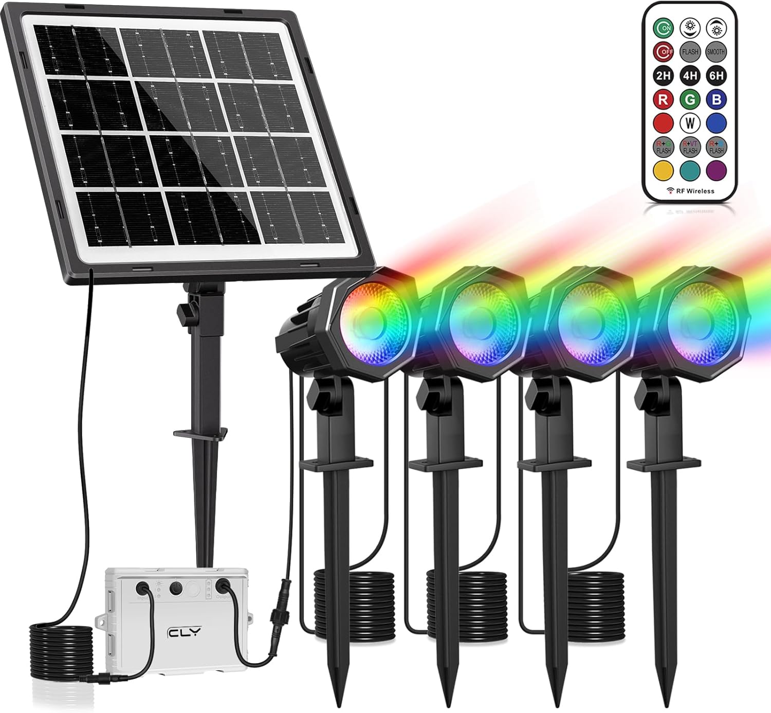 CLY Solar Landscape Lights Color Changing Outdoor Light IP66 Waterproof Spotlights with Remote 9 Fix Color 5 Dynamic Mode, Dimmable Timed Off Memory Function Long Cable Garden Party Festival 4 in 1
