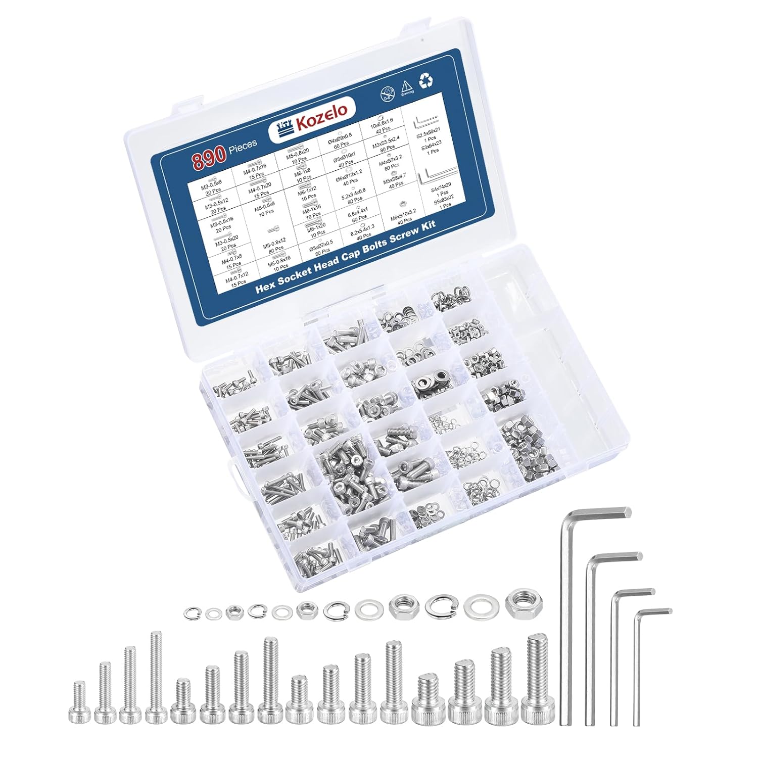 890pcs Socket Head Cap Screws Bolts Nuts Assortment Kit - [M3/M4/M5/M6] 304 Stainless Steel Allen Socket Drive for 3D Printer with Allen Wrench