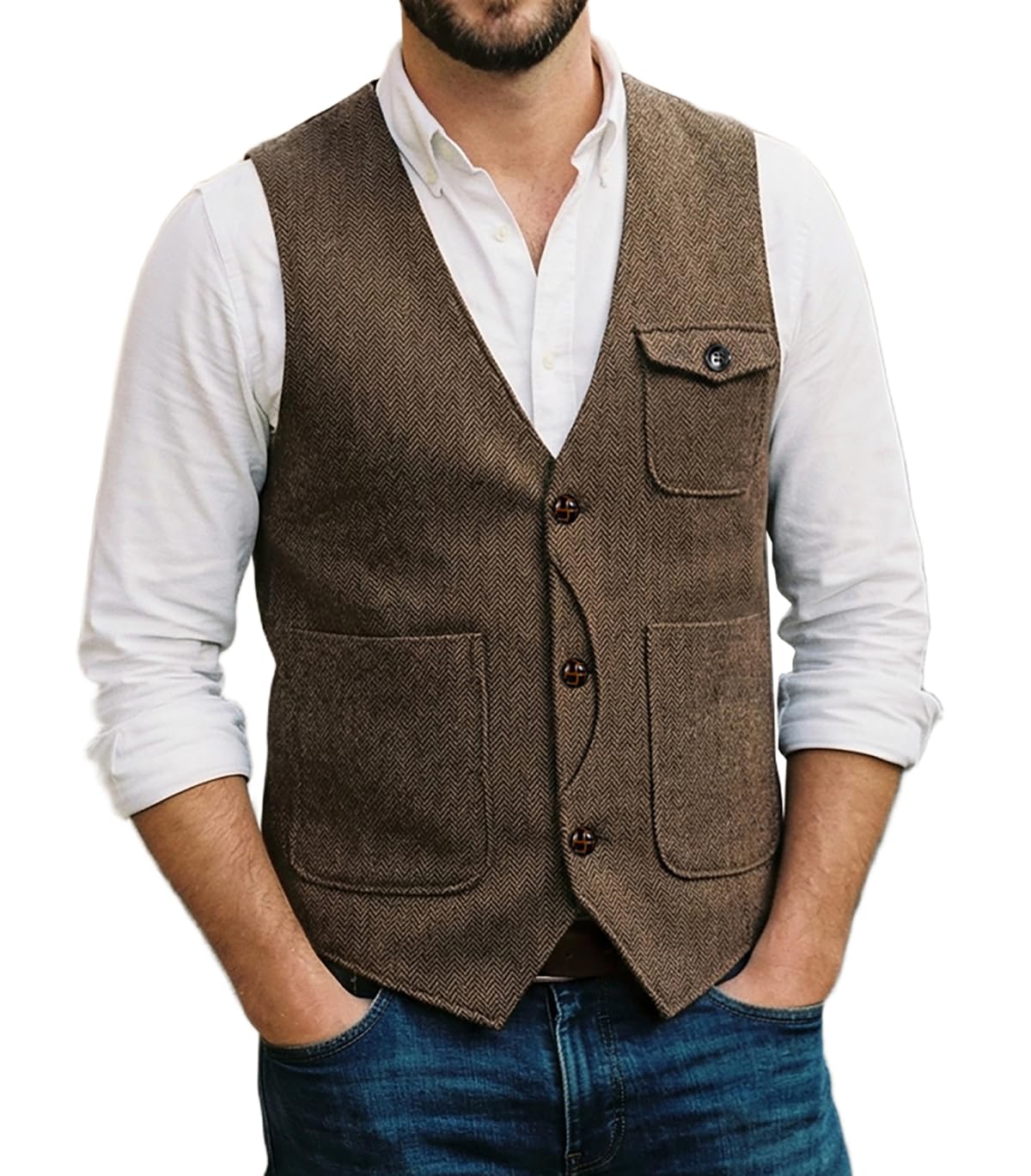 Solovedress Mens Vintage Wool 3 Real Pockets Suit Vest V Neck Tweed Waistcoat for Wedding Groomsmen(Brown,XXXL)