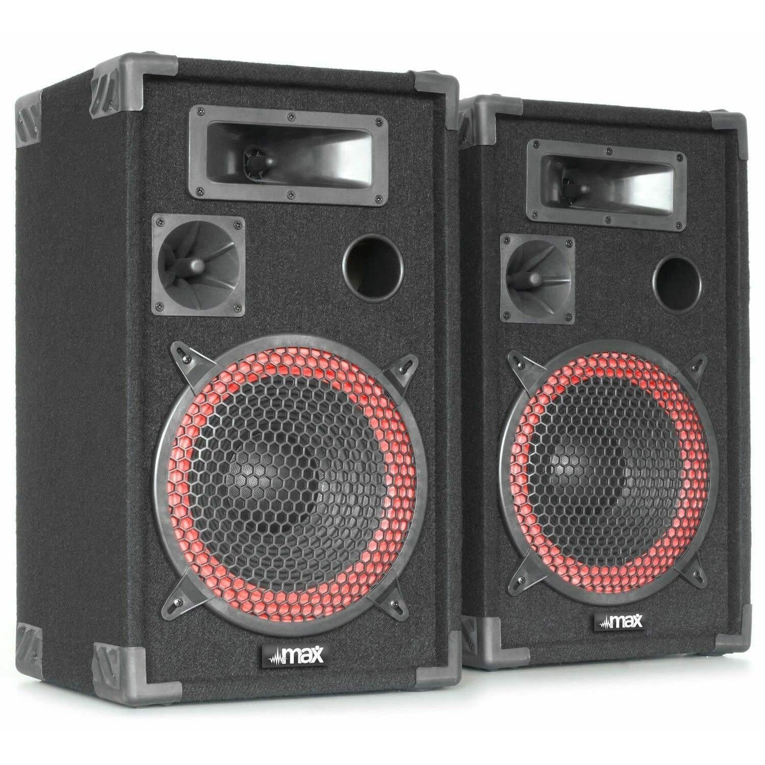 MAX Bluetooth DJ Komplettset 500 W – 2X 8 3-Wege Lautsprecher - 500 Watt Verstärker - 8 Kanal Mixer mit Bluetooth, USB, SD - LED Parbar Lichtorgel, 500 W Nebelmaschine, Mikrofon Kopfhörer Kabel