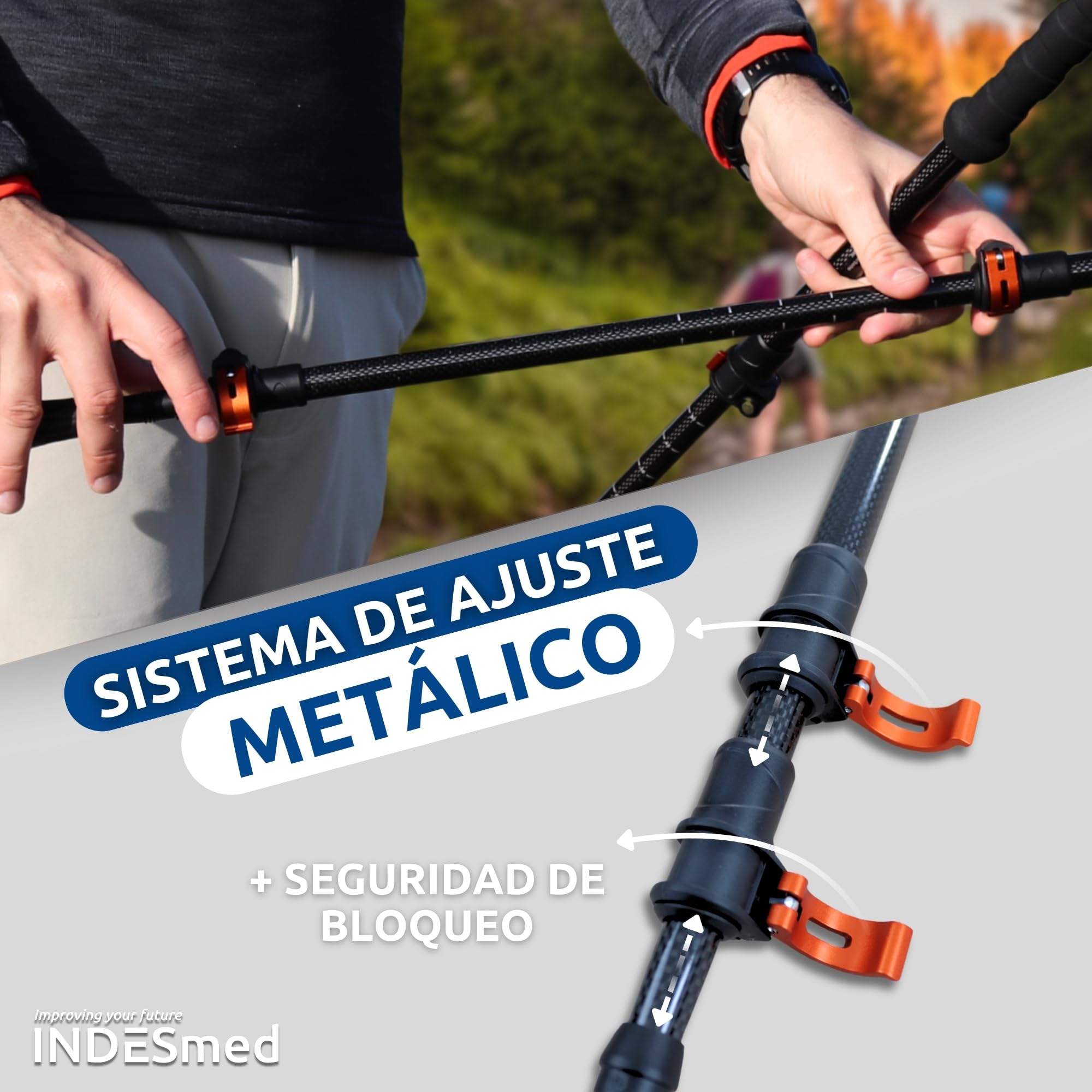 INDESmed | Bastones de Trekking 100% Fibra de Carbono – Ultraligeros, Telescópicos y Ajustables con Cierre Metálico Rápido | Bastones de Senderismo para Montaña, Trail Running y Nordic Walking