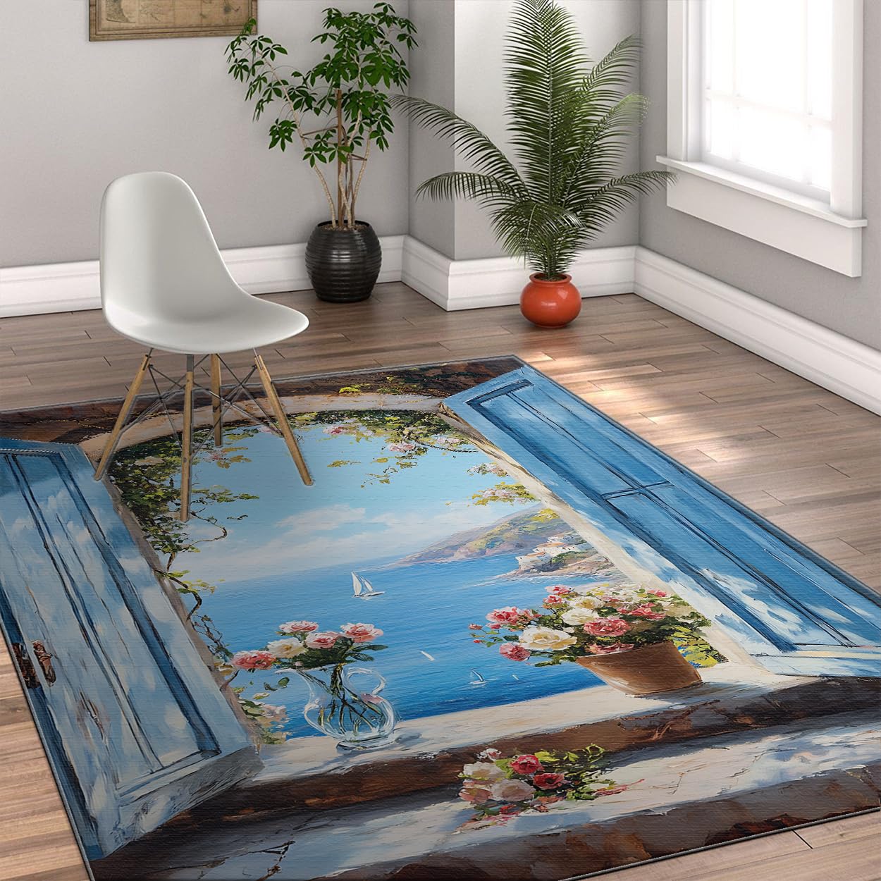 Rugs antidérapants salon et entrée effet fenêtre ciel bleu azur