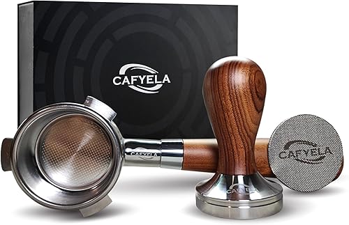 CAFYELA Portafiltro sin fondo de 2.126 in  Mango de palisandro y acero inoxidable  Incluye pantalla de tamper y disco de 2.087 in  compatible con