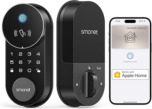 SMONET Smart Lock AH1, cerradura de puerta de entrada sin llave con llave Apple Home, cerradura WiFi para puerta delantera, teclado de pantalla