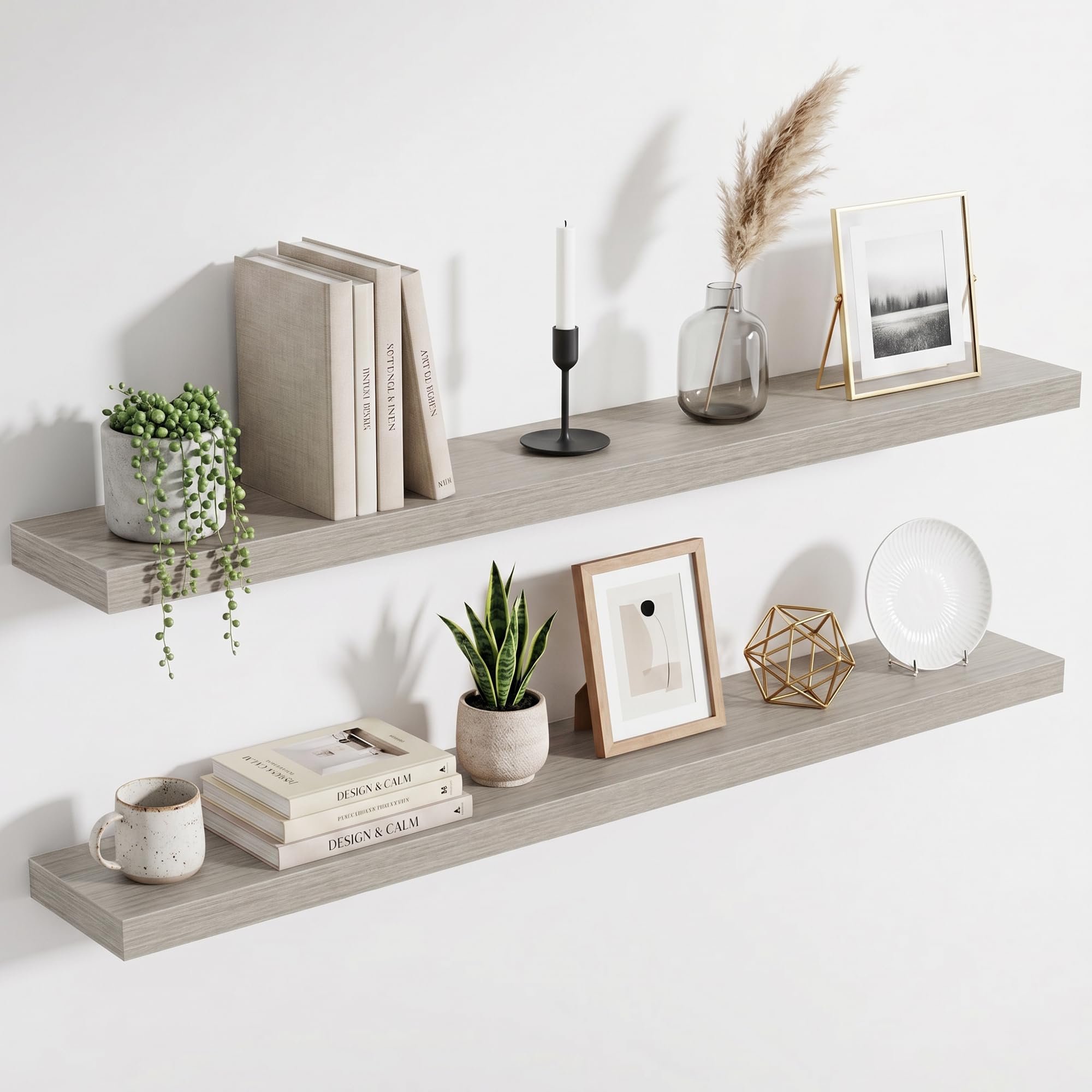 Acovy Floating Shelves for Wall, Extra Thick 120cm Long Wooden Wall Mounted Shelf, Wall Shelves for Living Room Bathroom Bedroom Kitchen, Grey, Set of 2
