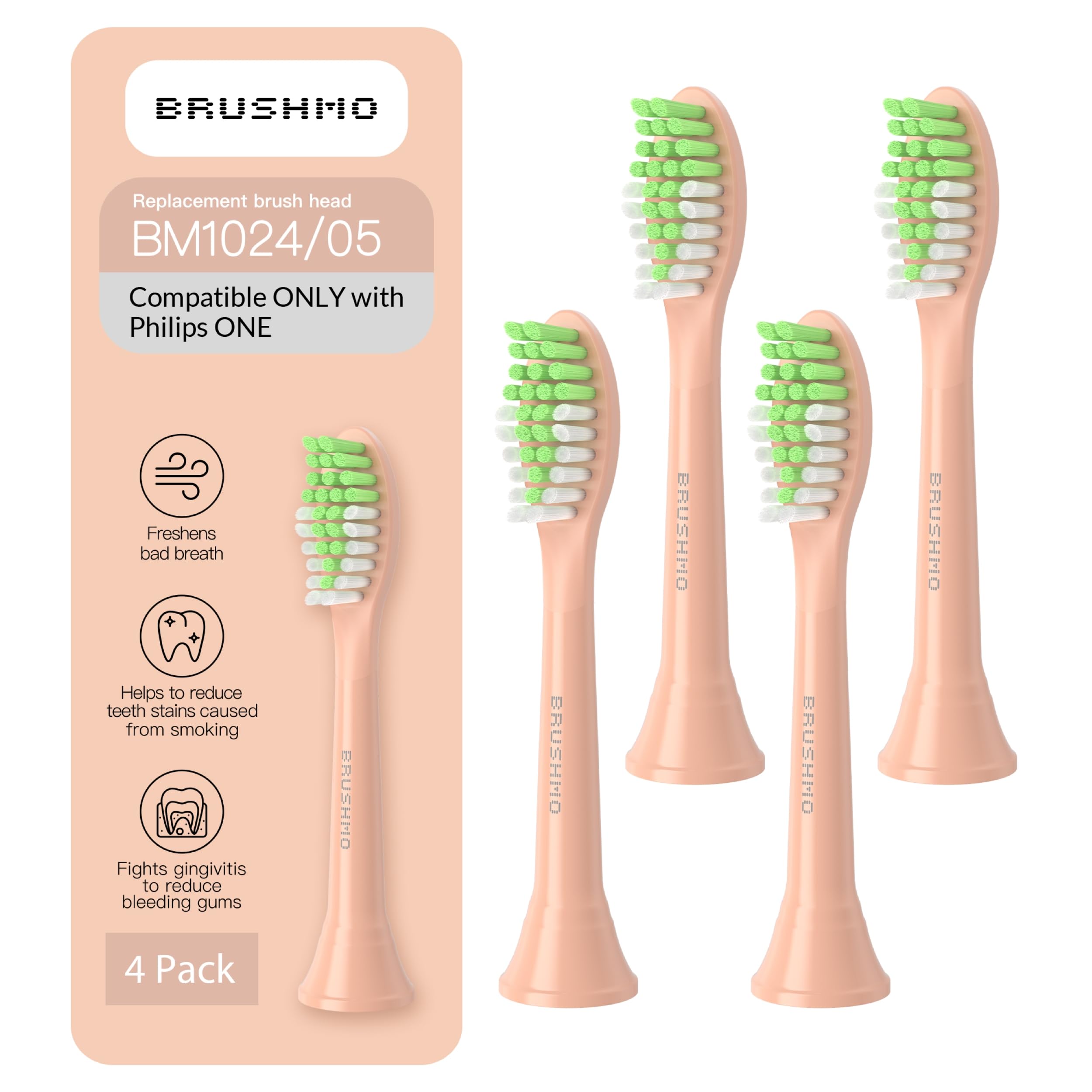 Brushmo Replacement Toothbrush Heads, Compatible with Philips One for Sonicare Electric Toothbrush Handles HY1022, 4 Standard Heads with Tongue Cleaner, Soft DuPontBristles, BM124m, Shimmer