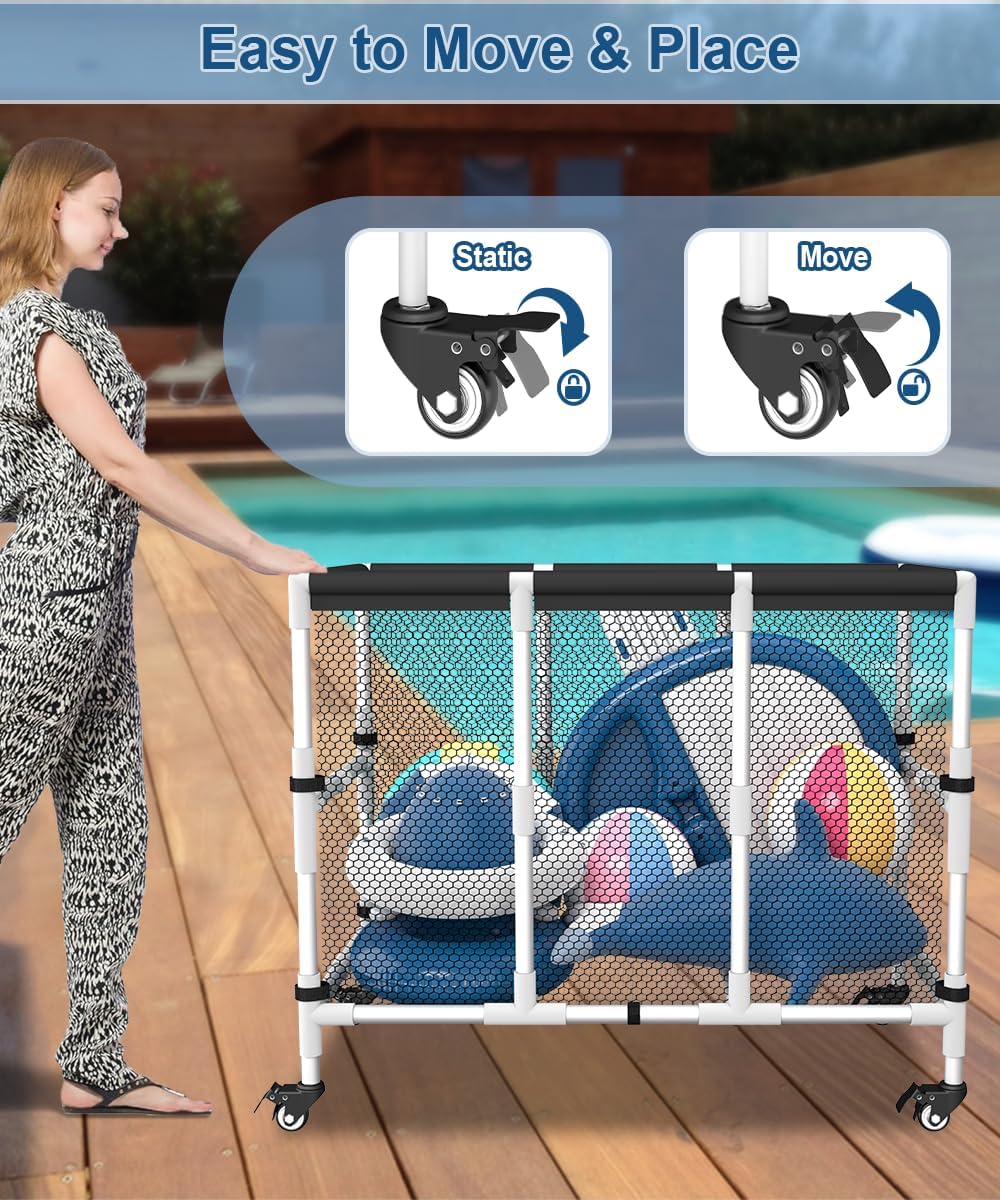 180 Gallon Pool Noodles Holder, Swimming Pool Storage Bin for Swimming Acessories, Outdoor Rolling Pool Toy Organizer Cart for Floaties, Life Vests, Beach Essentials, Patio Furniture, White