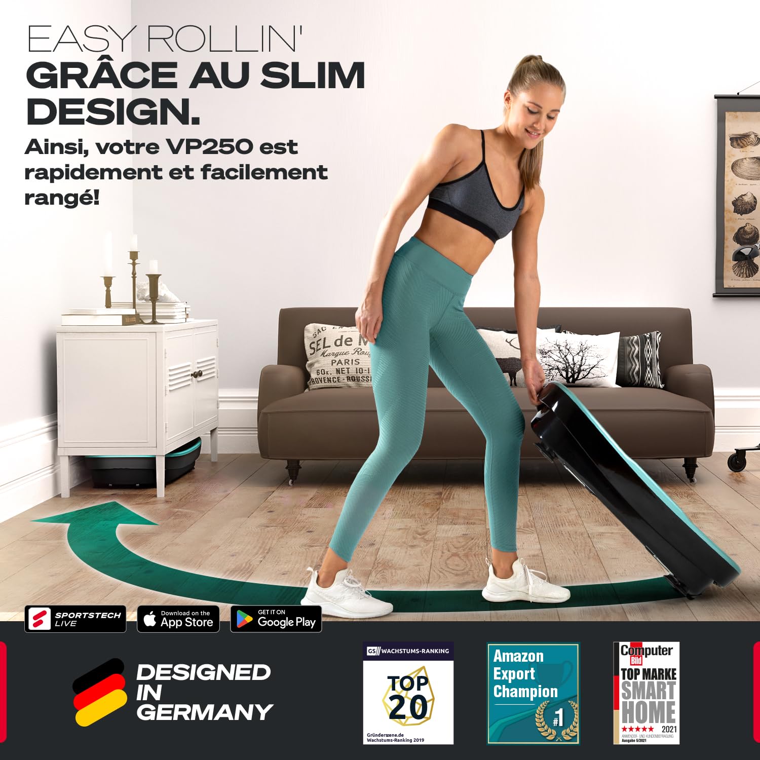 Plateforme Vibrante VP250 avec Un Design élégant | Combustion des Graisses et développement Musculaire | Moteur Silencieux | 7+1 programmes d'entraînement, y Compris Option Yoga | avec Bluetoot