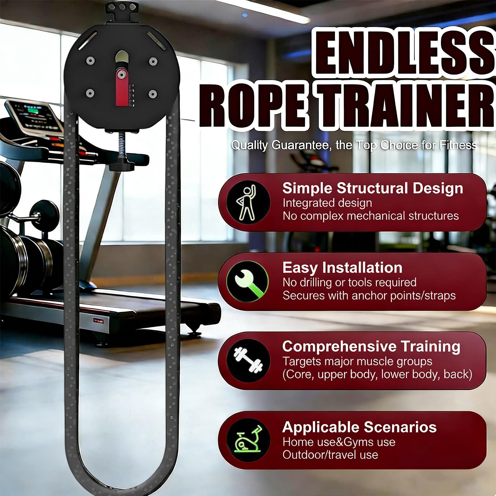 Máquina Cuerda Sin Fin para Gimnasio en Casa: Accesorio de Cuerda Ajustable para Tríceps con Capacidad de Carga de 150 kg y Resistencia Máxima de 30 kg para Entrenamiento de Completo(Red)