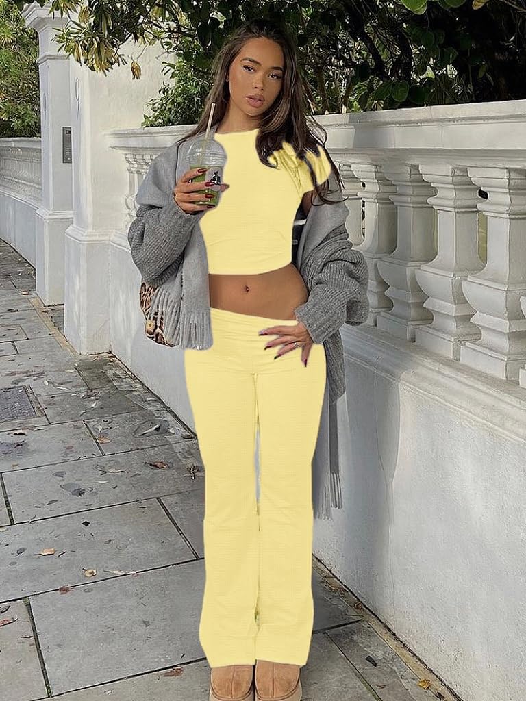 AYWA Women's 2 Piece Lounge Sets Short Sleeve Crop Top Foldover Flare Pants Casual Pajama Outfits