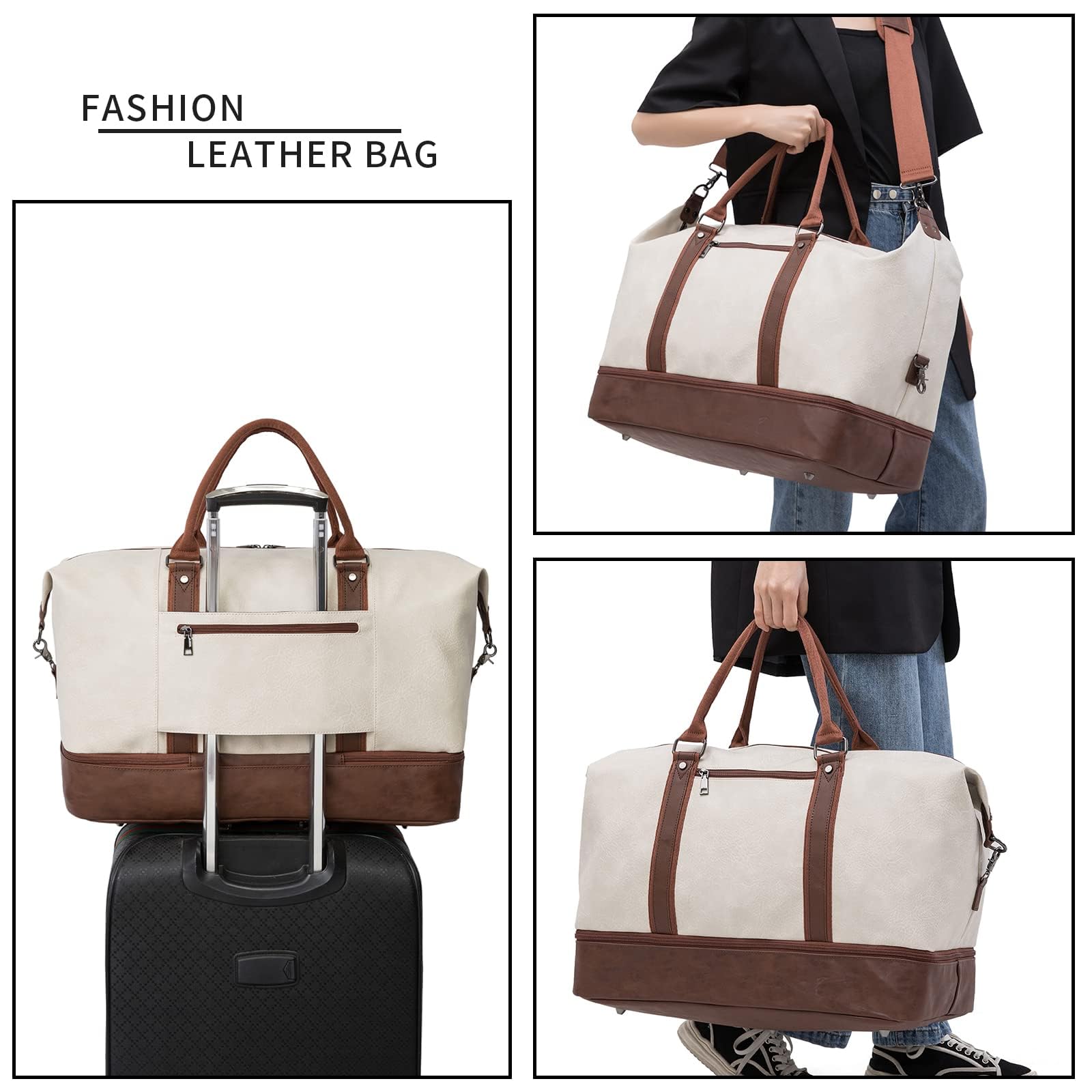 Borsone da viaggio per la notte, in tela, in pelle, borsa da weekend extra large, grande borsa da viaggio a mano, borsone da viaggio per uomo e donna, beige.