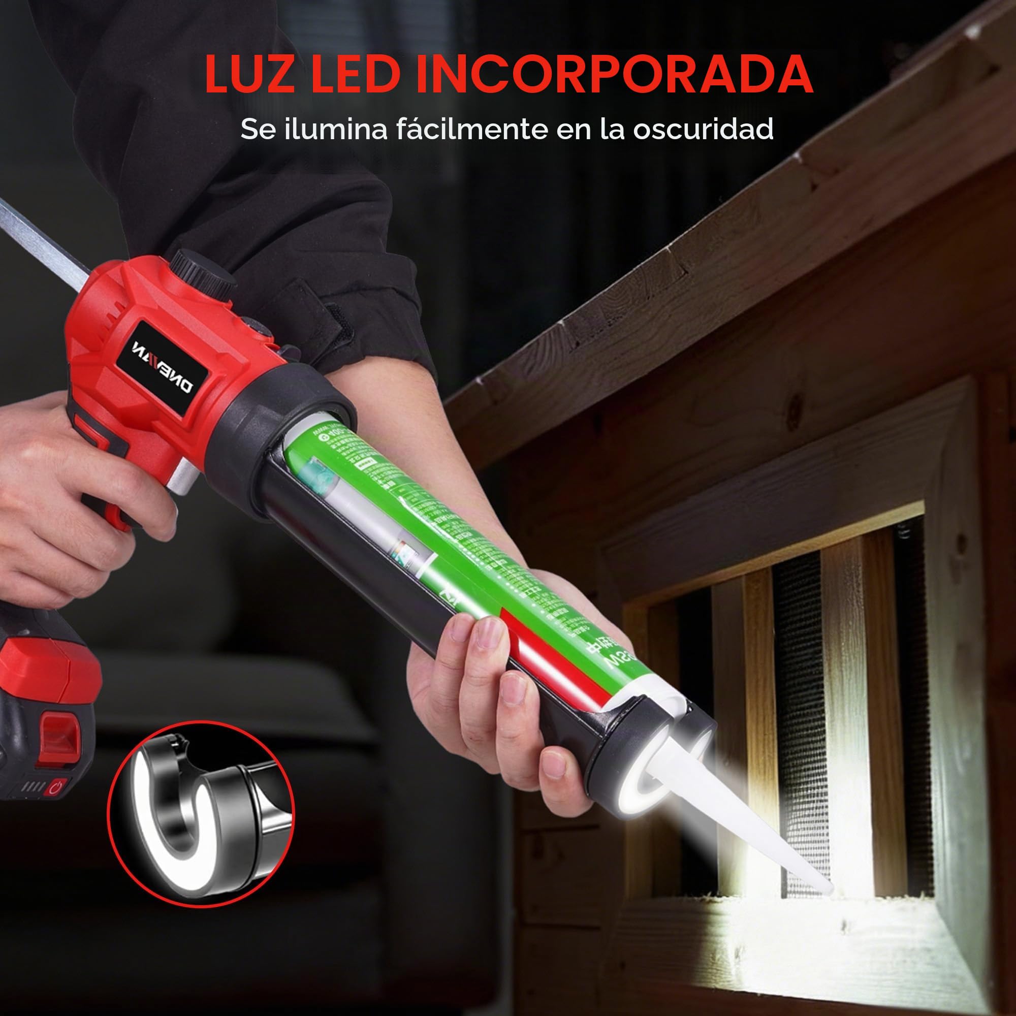 ONEVAN Pistola para Cartuchos Inalámbrica 300ml Brushless 2x1,5Ah | 300ml Capacidad, 300kg Fuerza, Velocidad variable, Cargador rápido, Luz LED brillante, Para ventanas y juntas