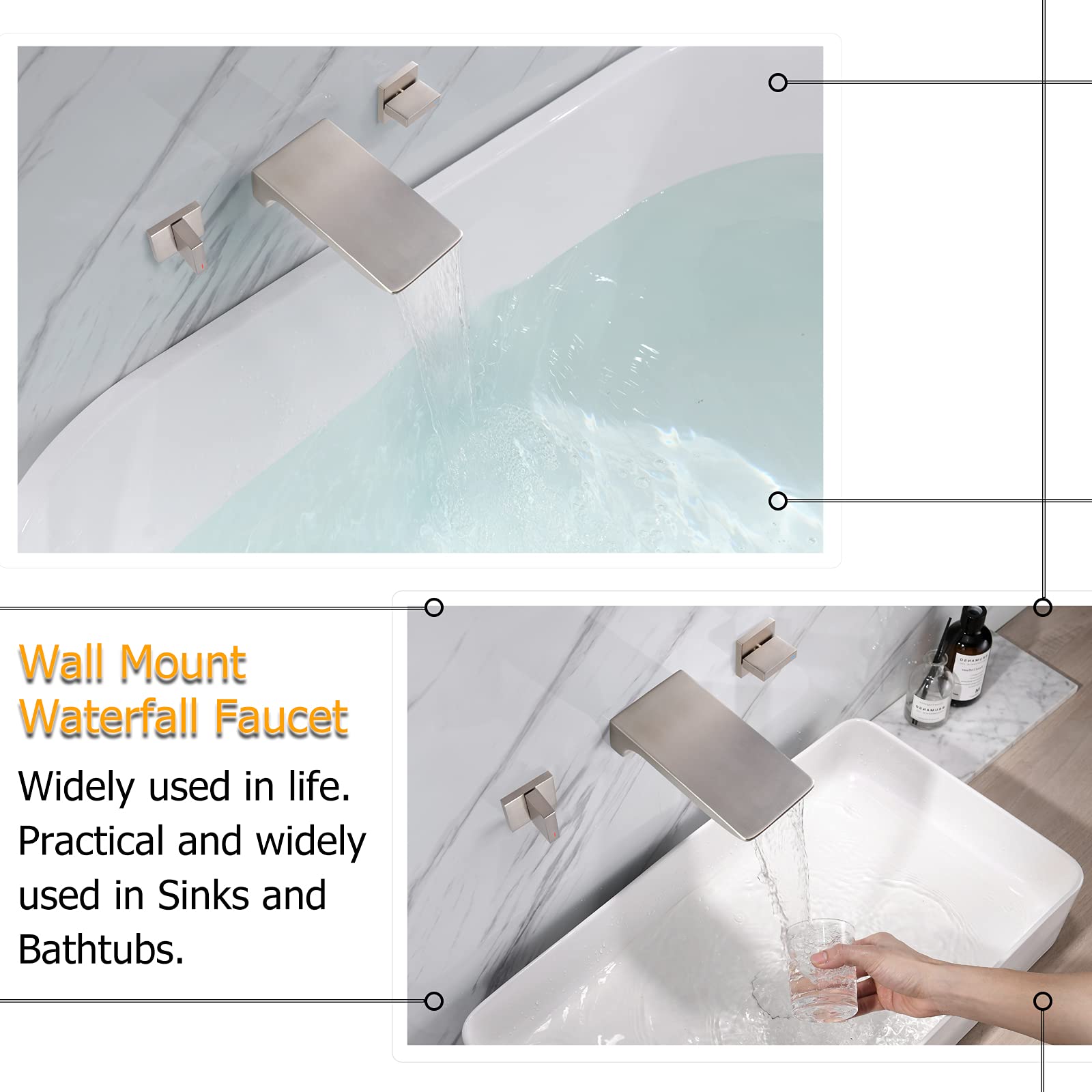 Montura de pared de grifo de cascada, 2 manijas grifo de la bañera de la cascada del cuarto de baño, relleno de la bañera del montaje de la pared, níquel cepillado, KHBFN04U