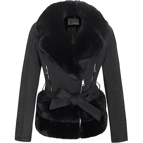 Bellivera Women's Faux Leather Jacket Moto Biker Sherpa-Lined Coat with Removable Fur Collar