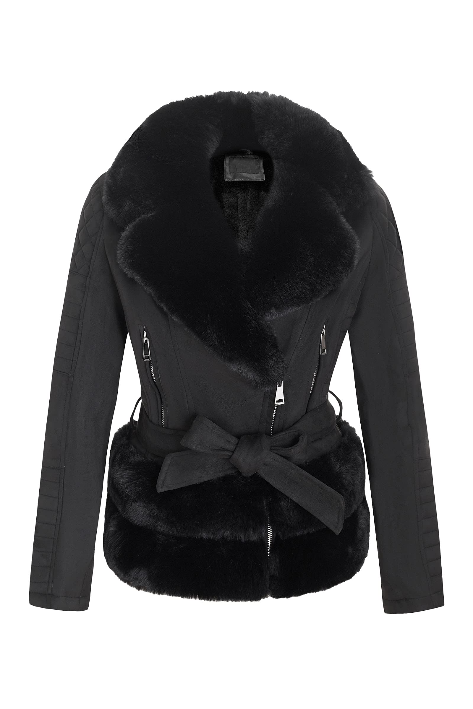 Women's Faux Leather Jacket Moto Biker Sherpa-Lined Coat with Removable Fur Collar