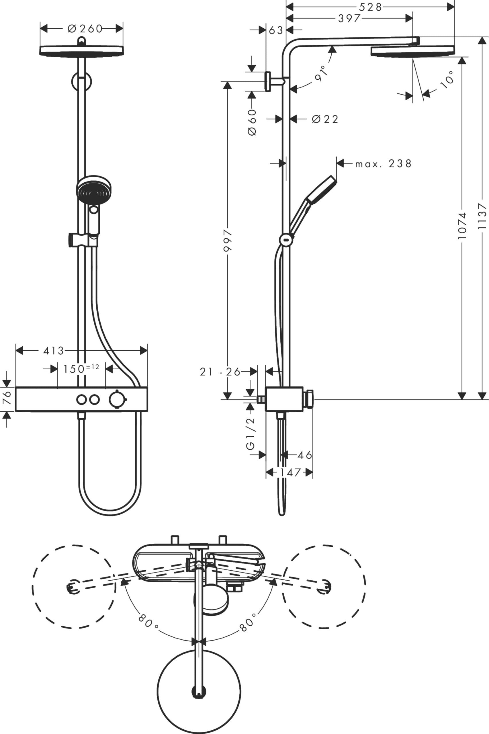 Hansgrohe Pulsify S Water-Saving Shower System Shower Head 260 Mm Shower Set With Thermostat Economy Shower Head EcoSmart Hose Shower Rail Rain Shower Overhead Shower With 1 Jet Type Chrome product thumbnail 6