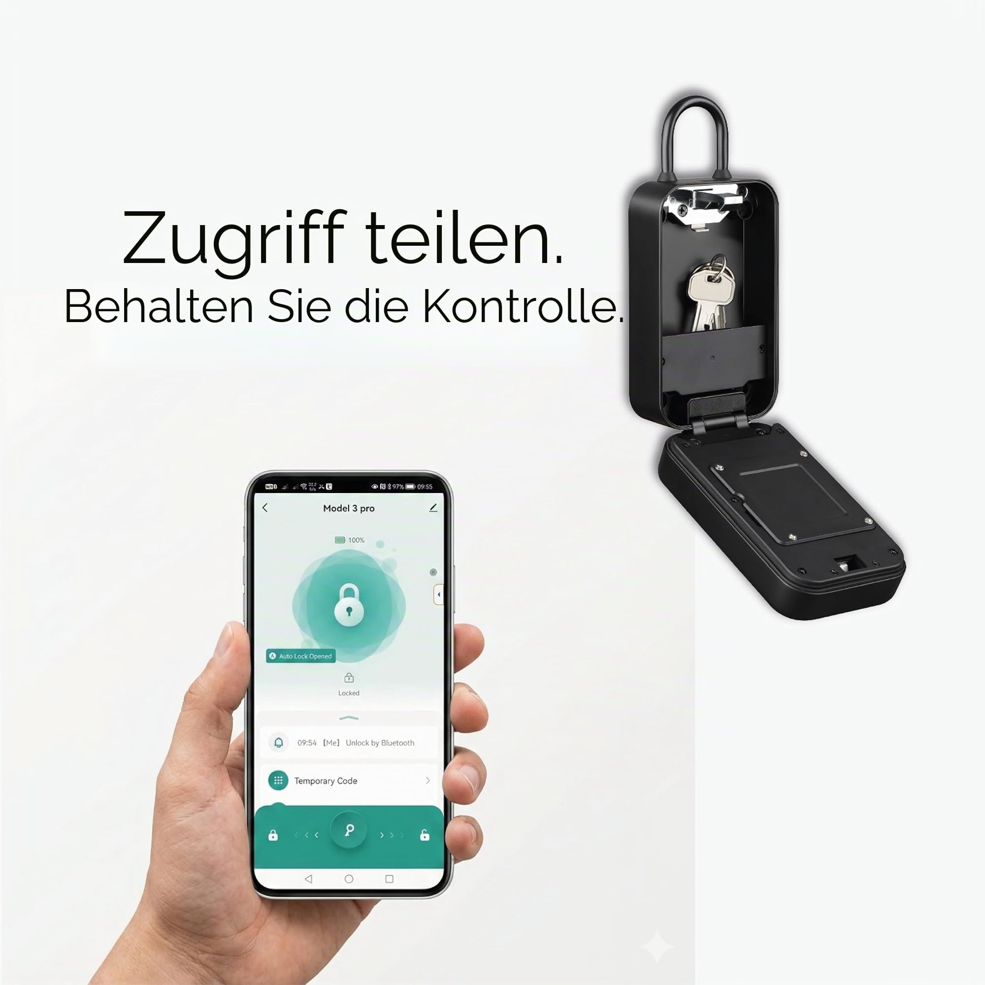 Schlüsseltresor mit Zahlencode, Fingerabdruck & Gateway, außen | Schlüsselkasten – Gateway & 4×AA Batterien inkl. – Türstatussensor – 5 RFID-Badges – IP66 – Bügel ohne Bohren