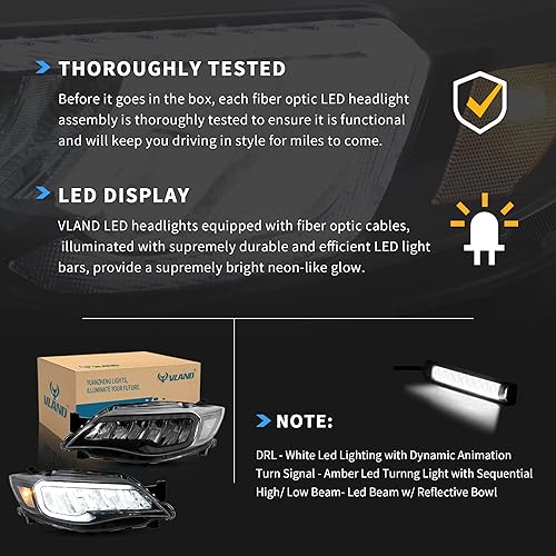 Miniatura 8 de VLAND Faros delanteros LED compatibles con Impreza WRX STI 2008-2014 (no compatible con modelos con AFSSRH) con cuenco reflectante con Switchback