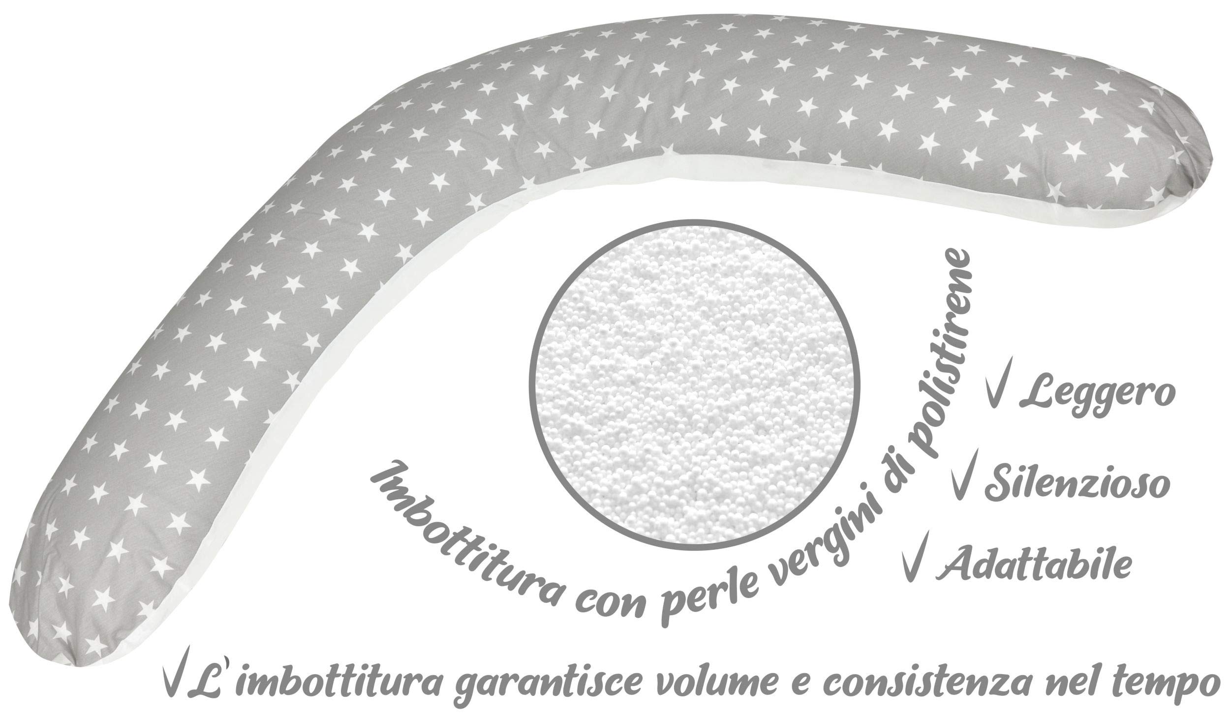 baby idea Babysanity® Cuscino Gravidanza (Interno + 2 Federe) Di Qualità' Allattamento Confortevole Per Dormire Sostegno Mamma Cotone 100% - Made In Italy - (Stella Pois Grigio Scuro)
