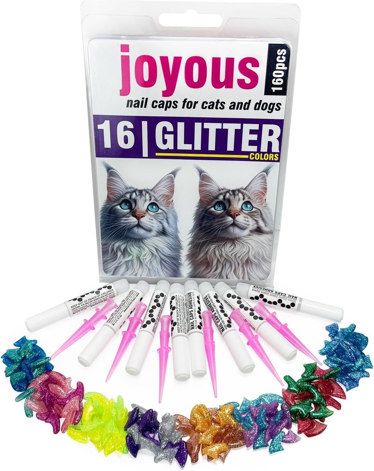 joyous 160pcs Glitter Cat Nail Caps (16 Sparkle Colors), Soft Pet Claw Covers for Kittens, with 8 Adhesives & 16 Applicators - Protects Furniture & Skin, Long-Lasting Anti-Scratch (S)