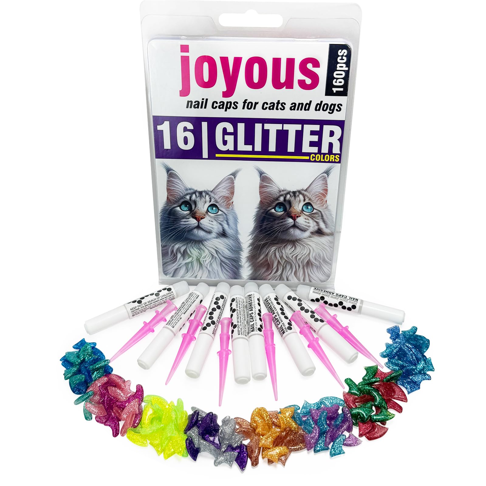 16 x colores brillantes / 160 piezas | Tapas para uñas de gato | Cubiertas de garra de gato con adhesivos y aplicadores (S)