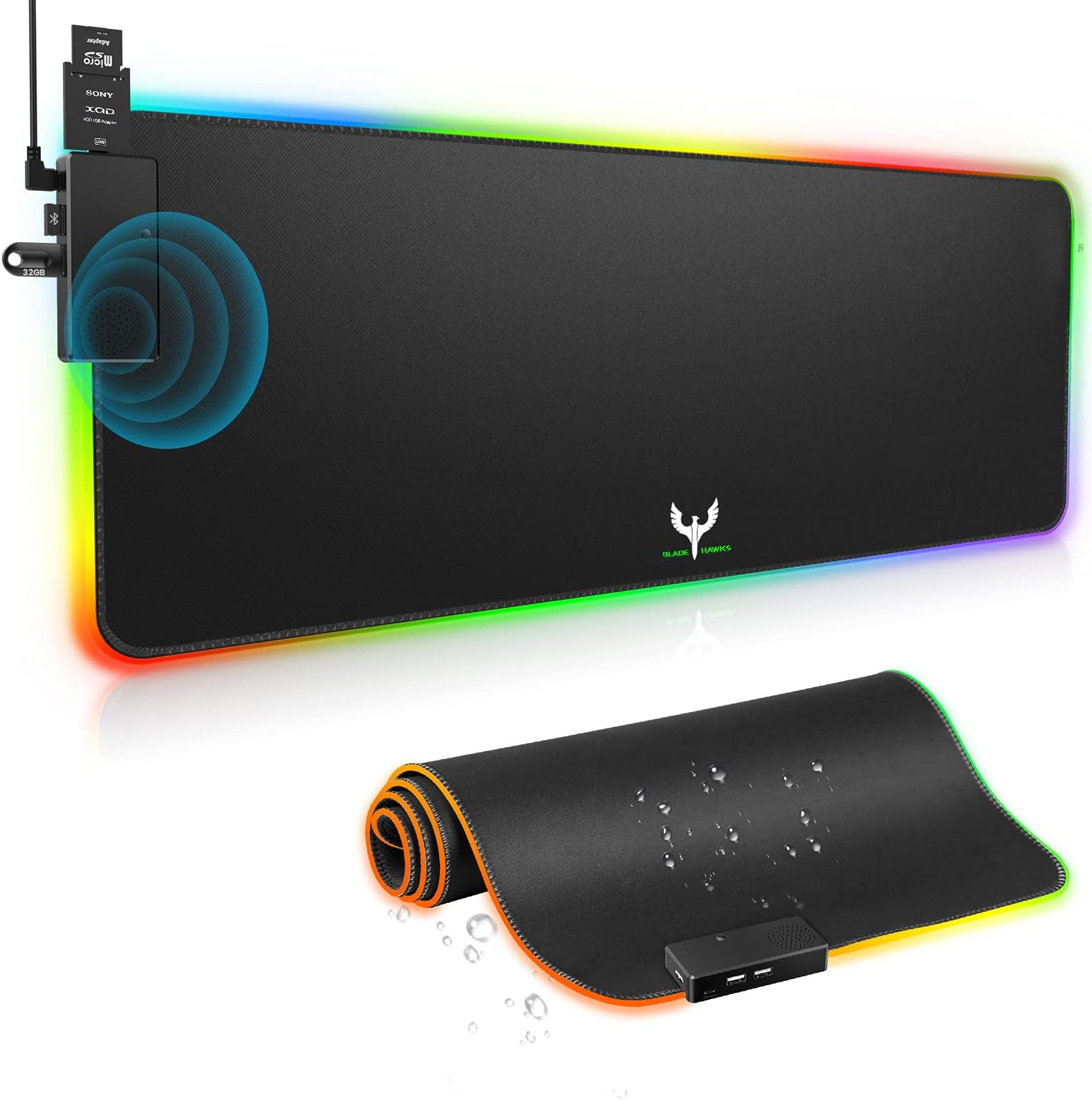 BladeHawks RGB Gaming Mouse Mat with Speaker, 15 Lighting Modes, Large LED Mouse Pad with 3 USB Ports, Non-Slip Rubber Base, Keyboard Mouse Mat for PC, Laptop, Desk (31x11.8x0.2 in)