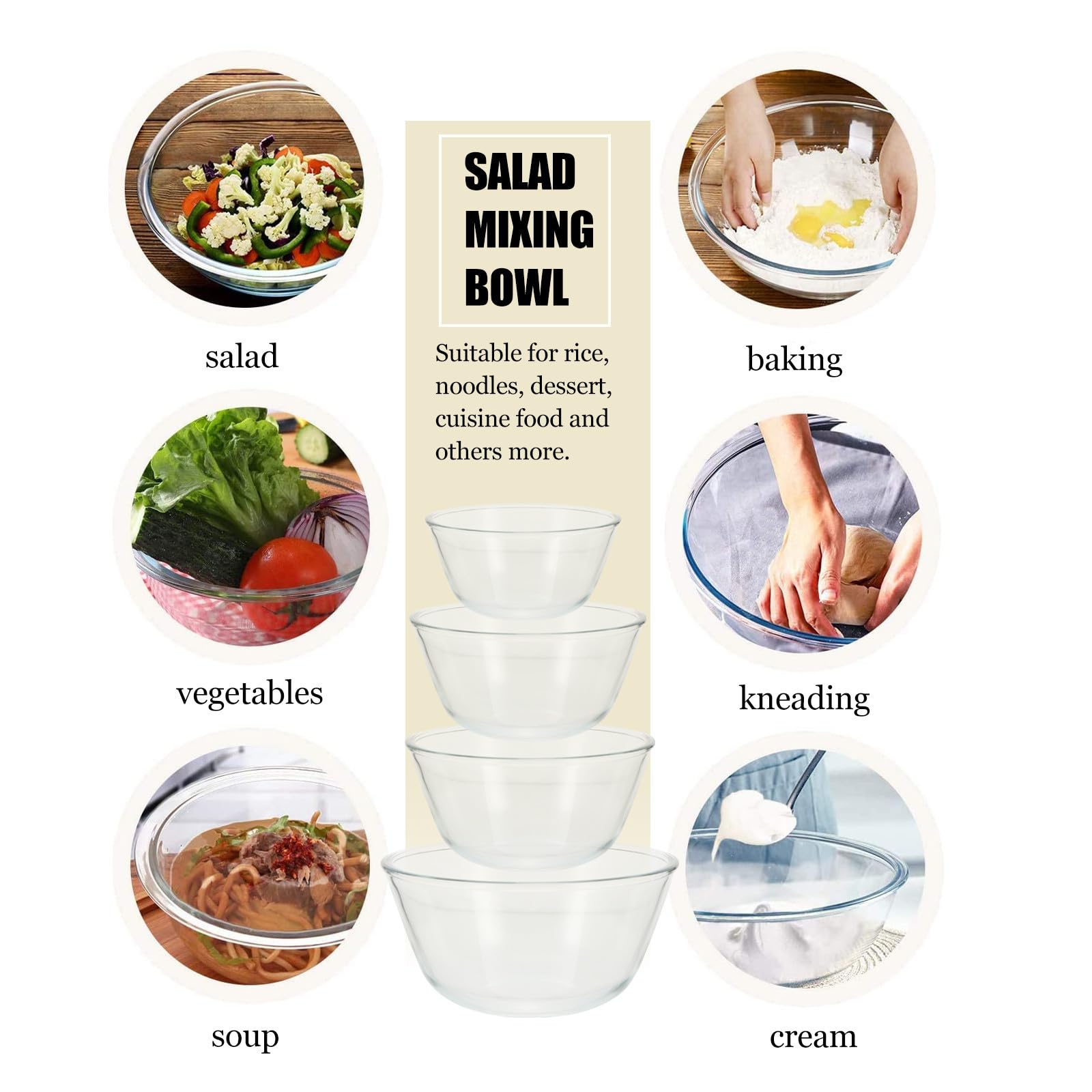 Transparente Salatschüsseln aus Dickwandigem Glas 4 Stück Hitze und Kältebeständig Verschiedene Größen bis 1600ml für Nudeln und Desserts