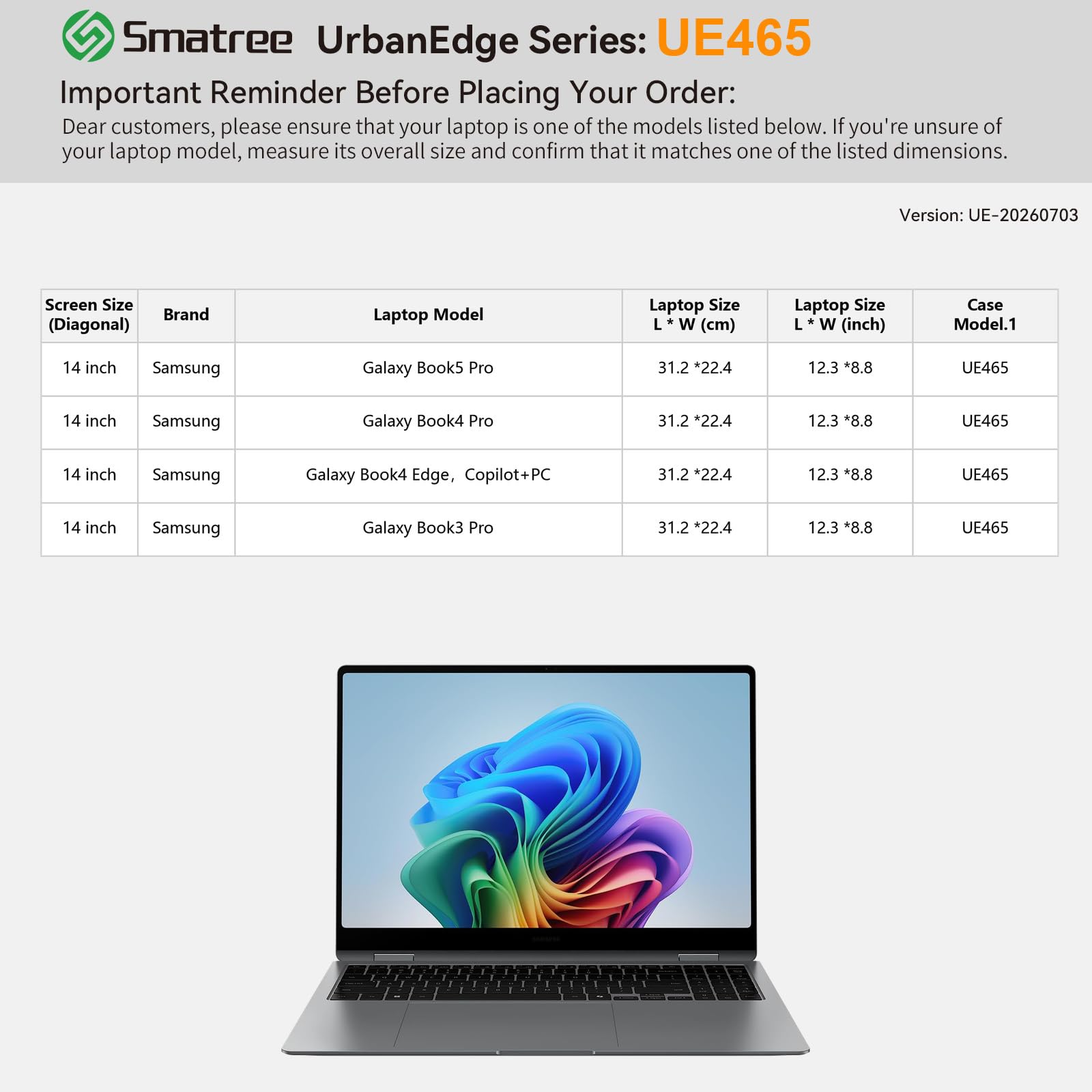Smatree UrbanEdge Etui na laptopa do 14 cali Samsung Galaxy Book5/Book4/Book3 Pro;14 cali Samsung Galaxy Book4 Edge,Copilot+PC,z kieszenią na akcesoria(UE465)