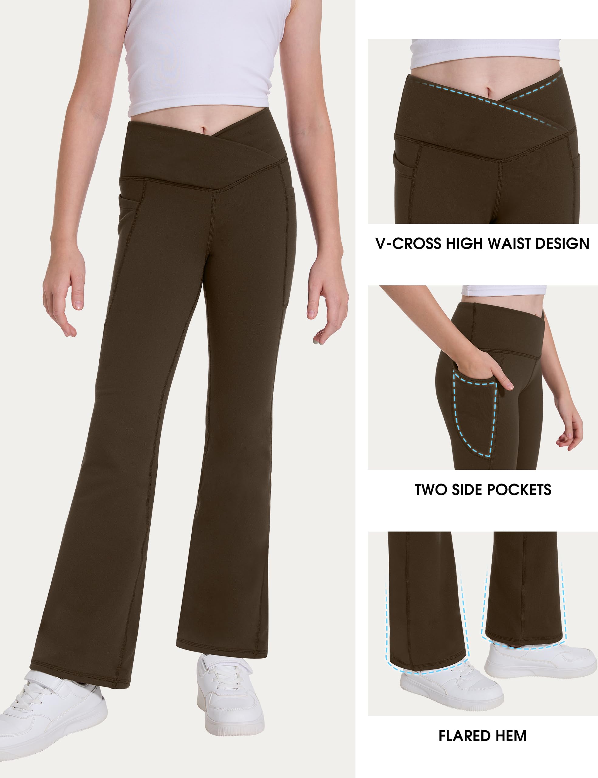 Desol Leggings svasati da ragazza foderati in pile con tasche incrociate a vita alta per danza bootcut pantaloni da yoga per l'inverno