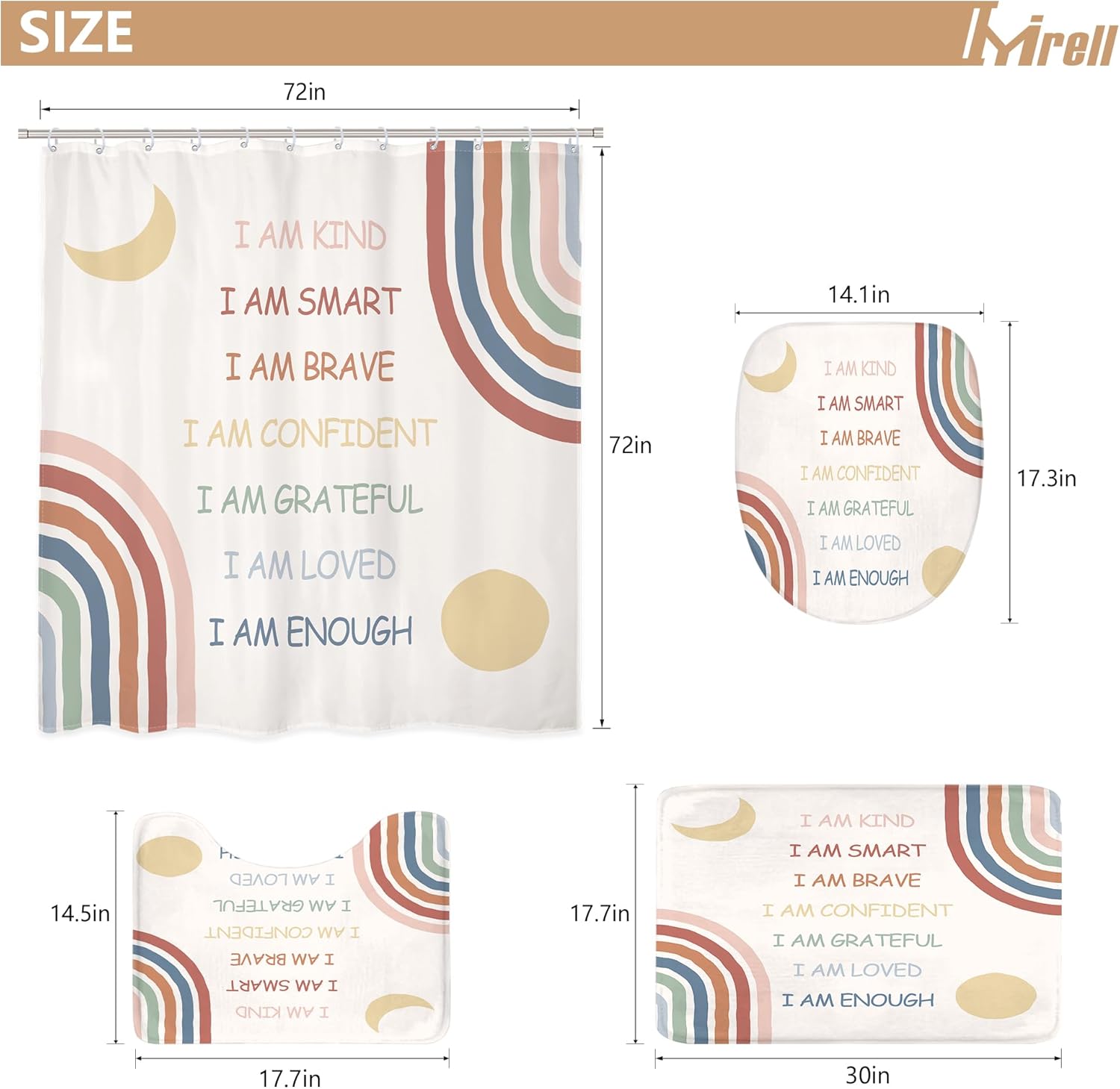 Imirell 4PCS Kids Quotes Shower Curtain Sets 72Wx72H Inches with Rugs, Toilet Lid Cover and Bath Mat, Rainbow Inspirational Bathroom Sets for Teens Waterproof Polyester 12 Pack Hooks Plastic
