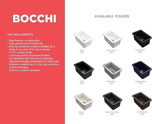 Miniatura 5 de BOCCHI Sotto - Fregadero de barra de doble montaje de arcilla refractaria de 12 pulgadas con colador en color azul zafiro