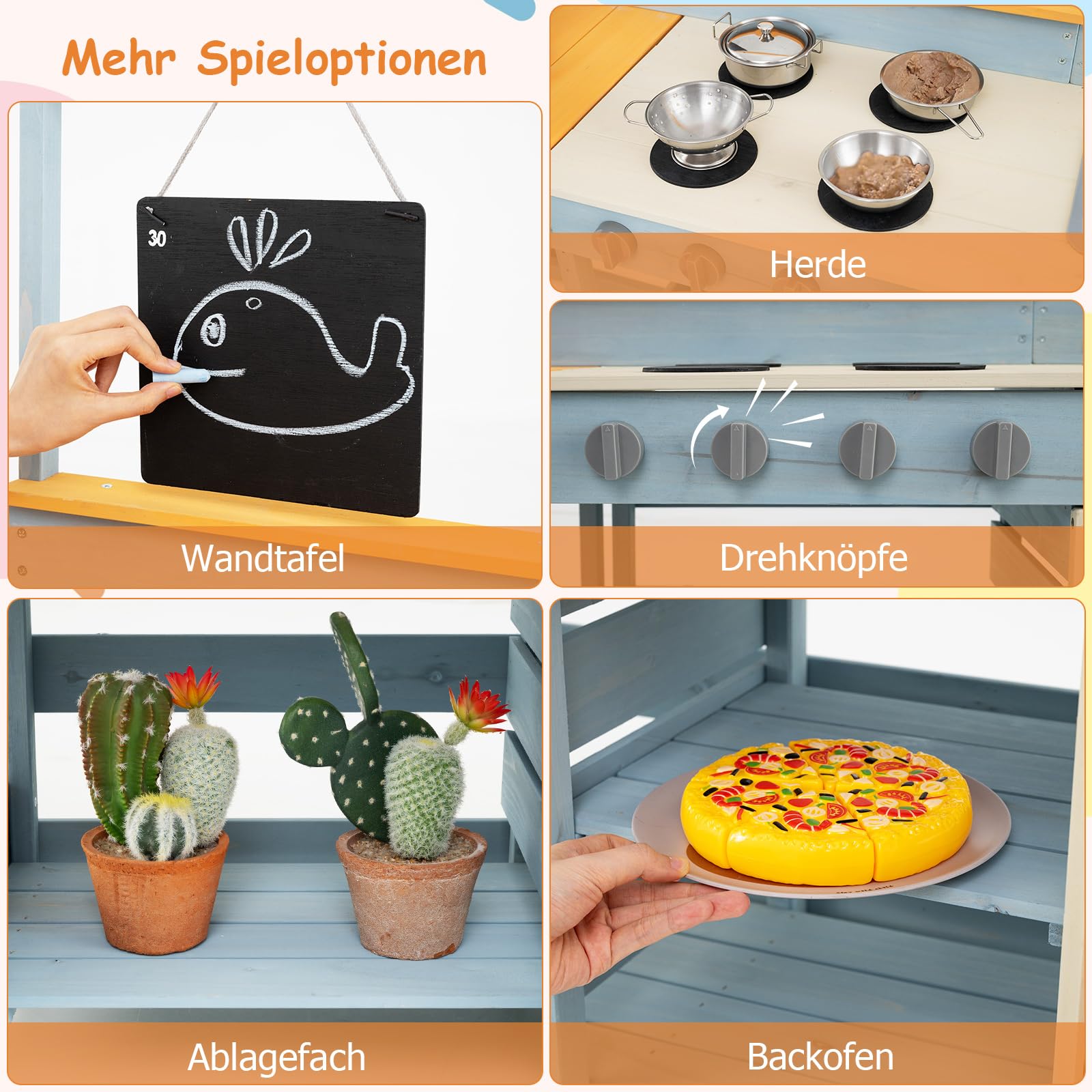 COSTWAY Matschküche Kinder, Outdoor Spielküche Holz mit Picknicktisch und Bank, Kinderküche mit Echtem Wasserhahn, Spüle, Tafel, Dessert- & Kochzubehör, Outdoorküche für Kinder ab 3 Jahren