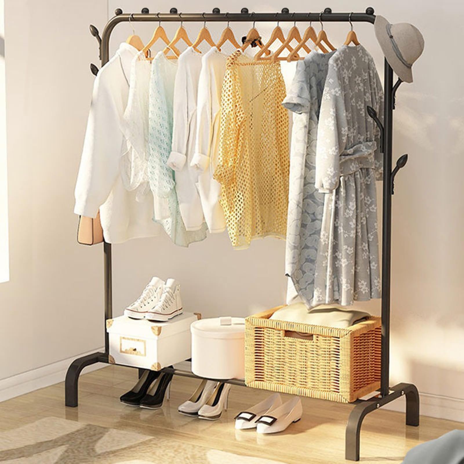Garment Rack Single Rod Portable Garment Clothing Storage Shelf Multi-Functional Bottom Shelf Design Laundry Drying Rack Storage Stand
