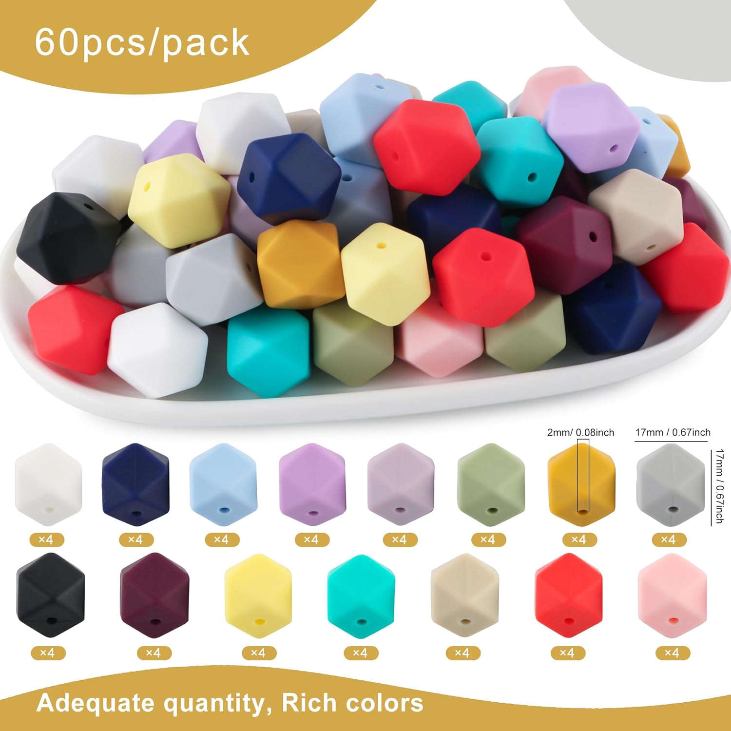 60Pcs 17mm Hexagon Silicone Beads Bulk, Large Mixed Multicolor Silicone Beads for Keychain Making, Ideal for Pens and Bracelet DIY Crafts - Image 2
