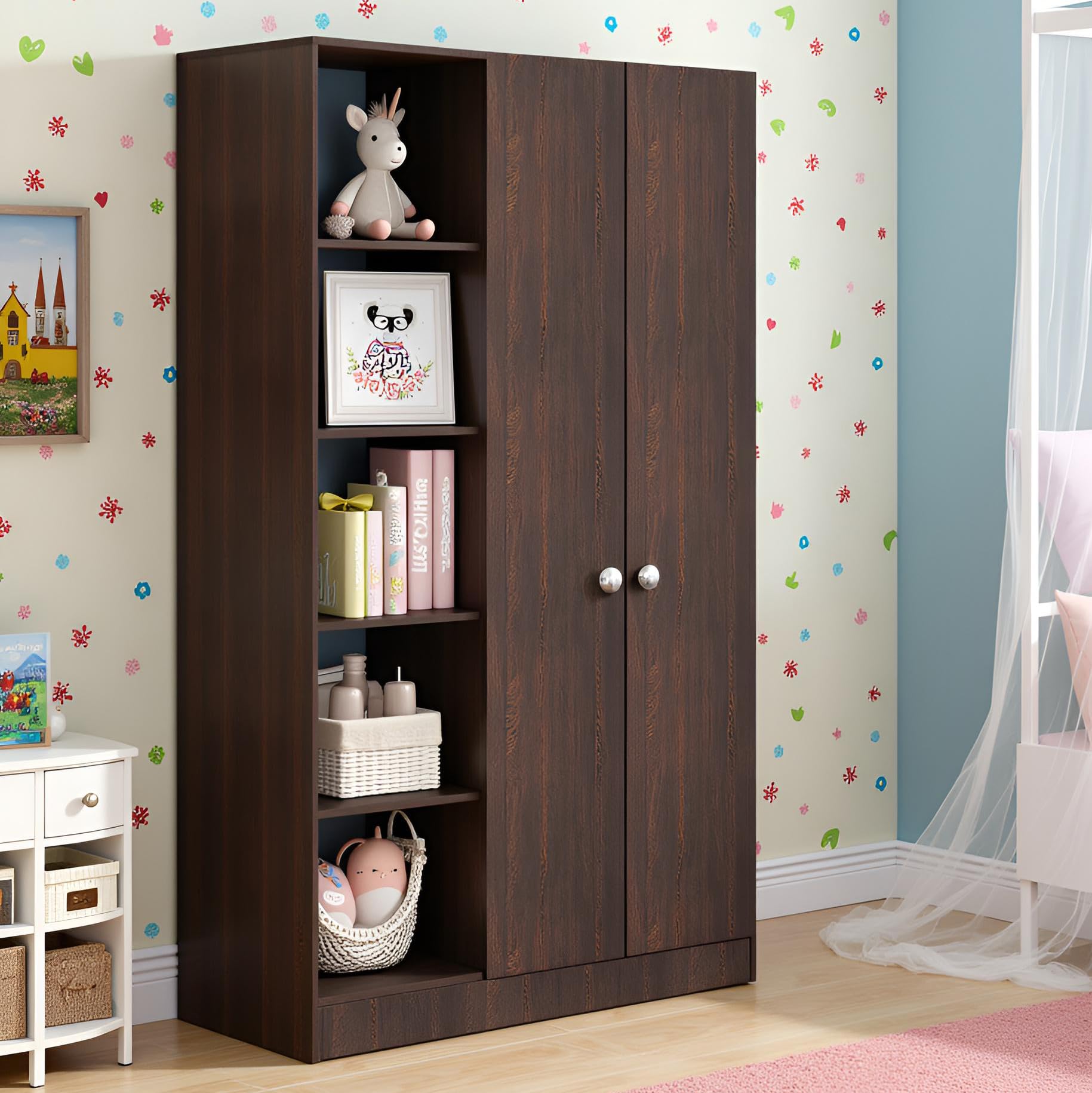 FURNEASER Elora Wardrobe for Kids, Baby Almirah for Clothes, Baby Storage Organizer, Cupboard for Clothes, Kids Wardrobe for Clothes/Toys/Books (Wenge)