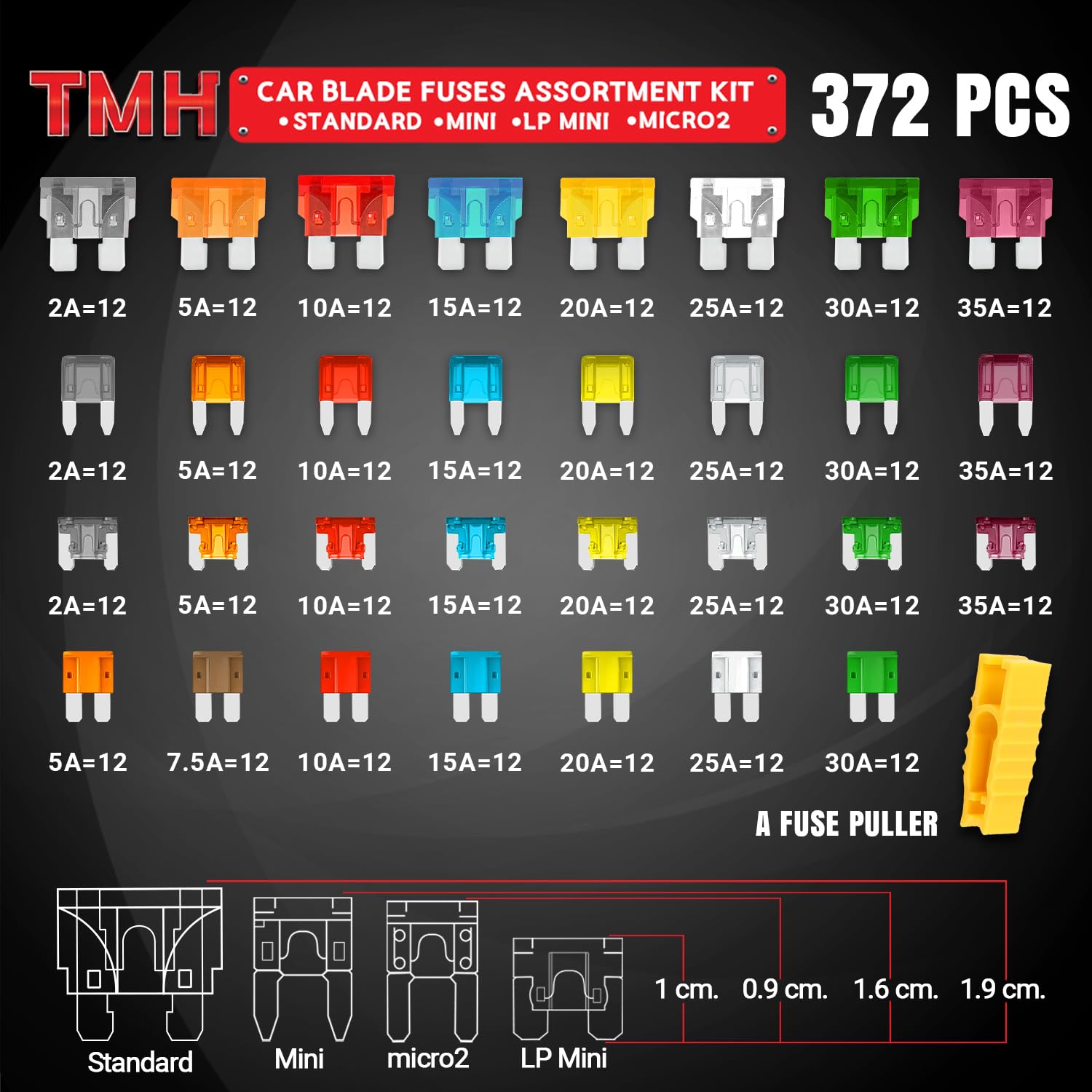 TMH Kit surtido de 372 fusibles para coche, 96 fusibles de hoja estándar para automóviles + 96 mini fusibles + 96 LP Mini + 84 fusibles Micro2 + 1 extractor - para auto, RV, camión, barco (2A 5A 7.5A