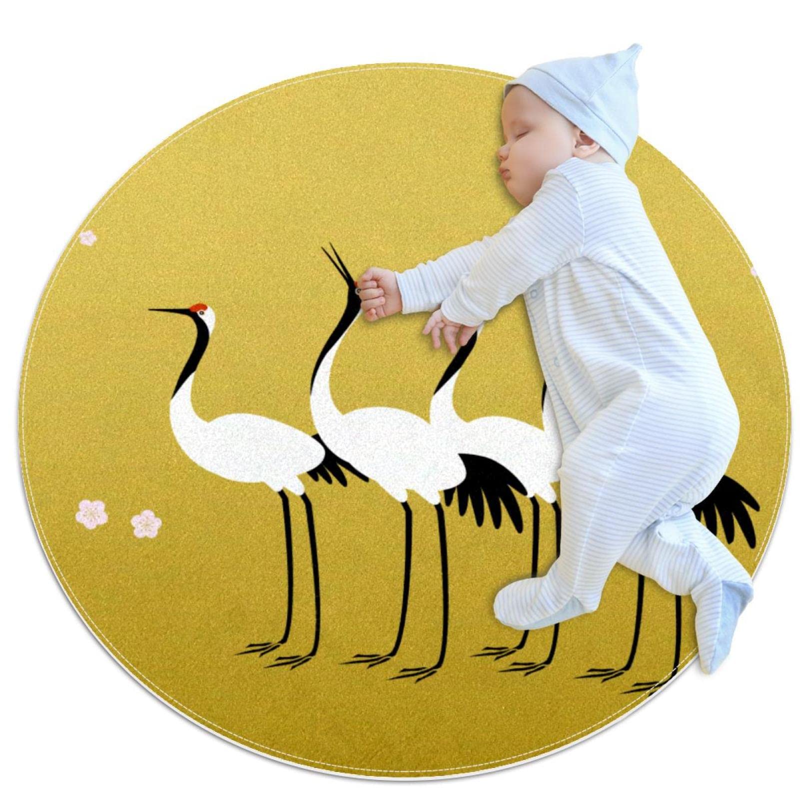 Tapis rond pour enfants JDEZ pour créer un coin lecture cosy aux motifs oiseaux grues
