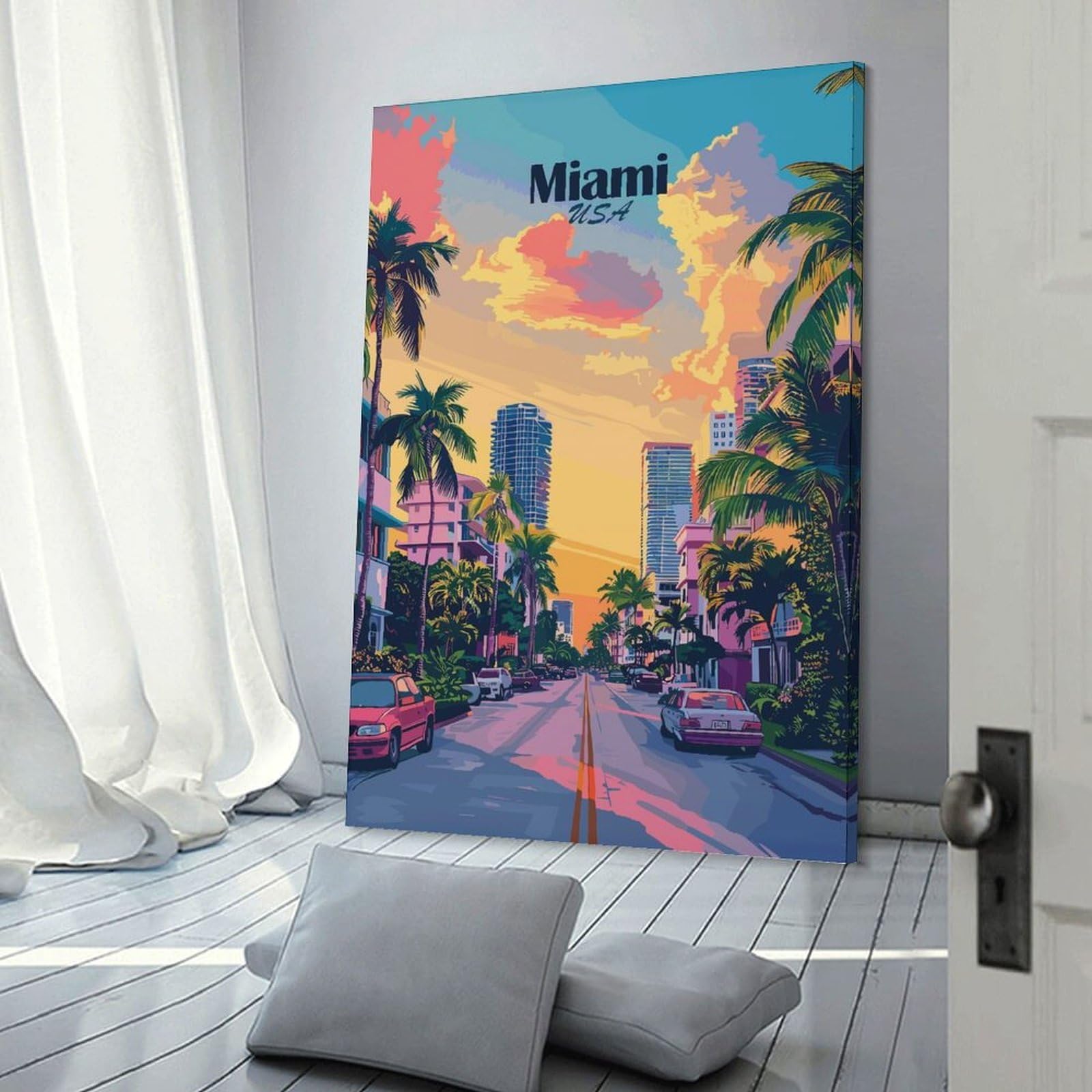 Junmoney Miami USA Cityscape with Palm Trees Canvas Wall Picture, 24x36inch(60x90cm), for Front Hall, Corridor Or Welcome Spaces, Wall Decor to Refresh Empty Corners