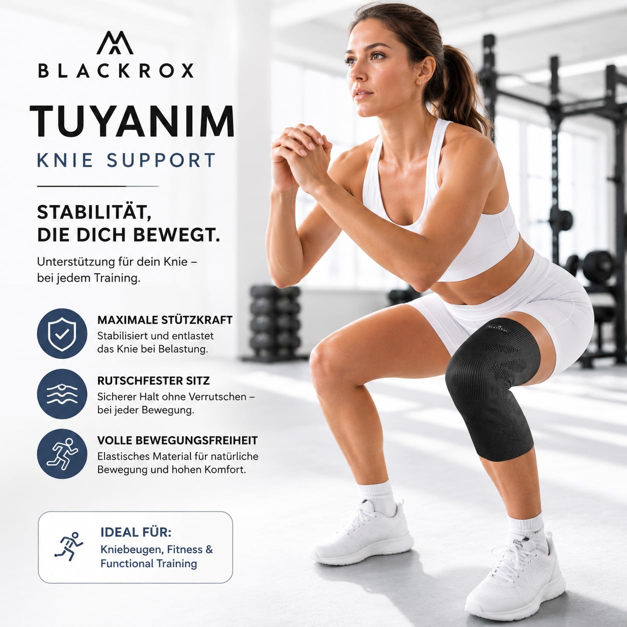 BLACKROX Kniebandage TUYANIM Sport Kraftsport Damen Herren Silikonring leicht Patella Gel Polster Feder Stabilisatoren Volleyball Fussball Laufen Knieschoner Kompression Männer Frauen (XL)